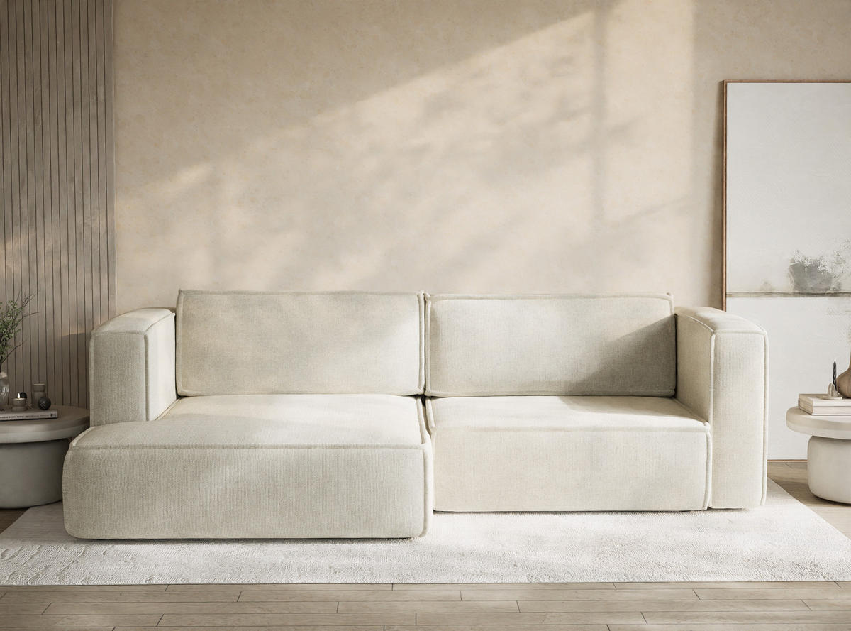 ECKSOFA MIT SCHLAFFUNKTION Velto Creme Chenille-Stoff - Creme/Schwarz, Holz/Holzwerkstoff (152/250cm) - Maison de Reve