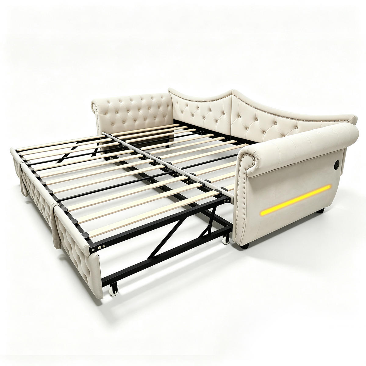 AUSZIEHBETT 90/180/200 cm mit USB und LED, DE-41723, in Beige - Beige, Metall (90/200cm) - ComfortXL