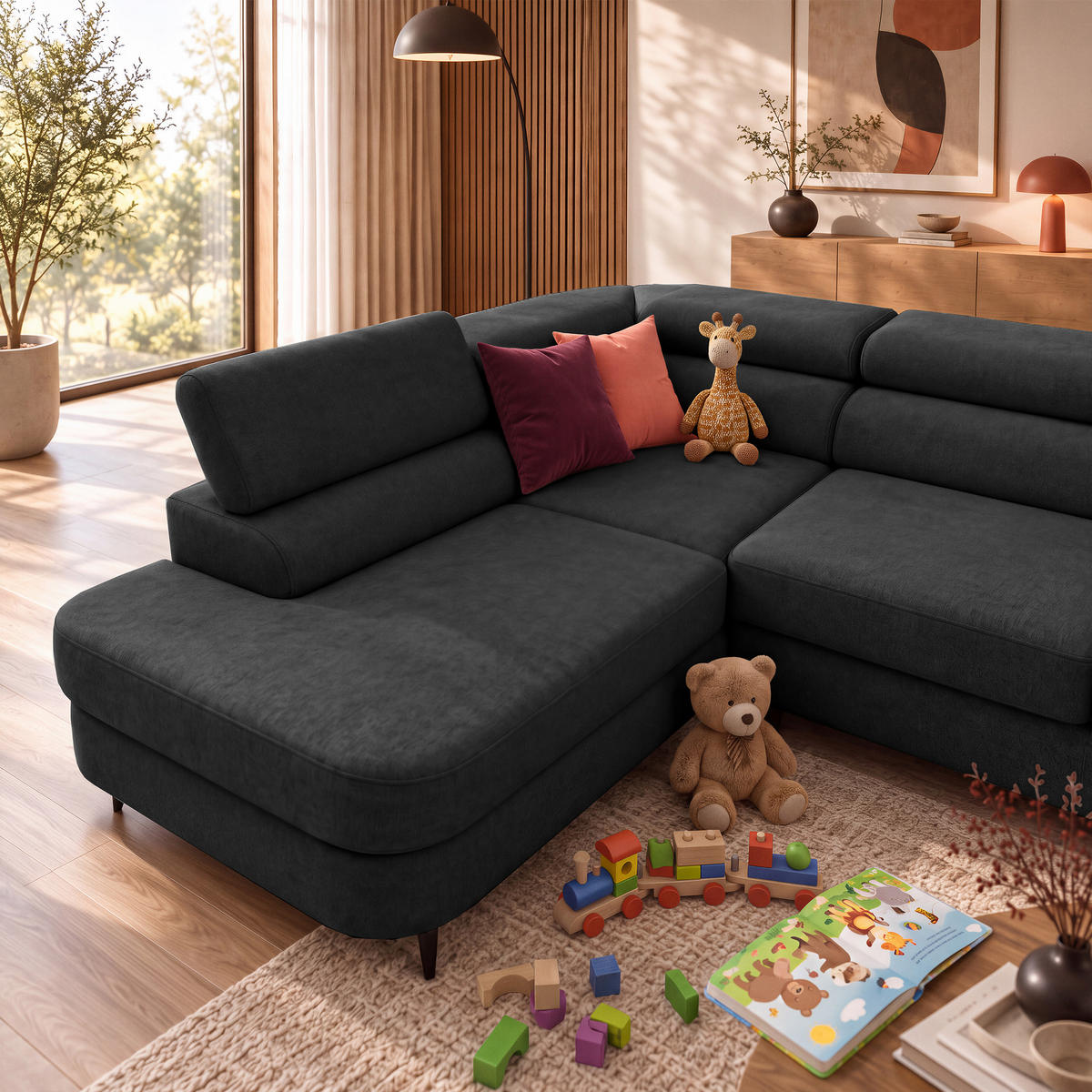 ECKSOFA U-Form PRIAM MAXI U Links mit Schlaffunktion 125x317 Velours Dunkelgrau - Dunkelgrau/Schwarz, Holz/Textil (203/91/400cm) - Muffo