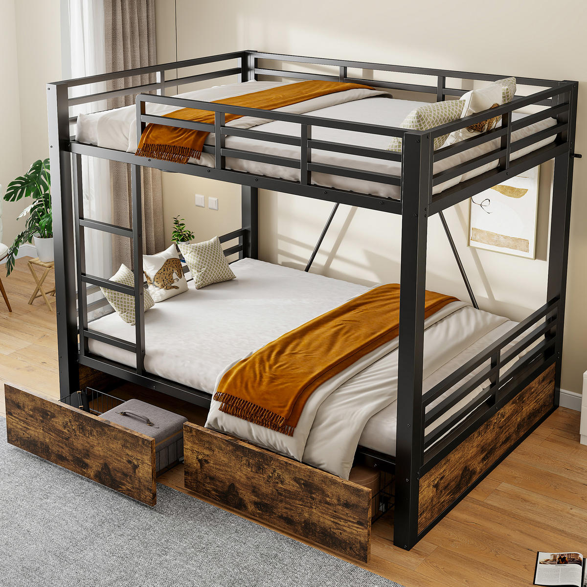 ETAGENBETT 140x200cm Metall Schubladen Sicherheitsleiter Schwarz - Schwarz, Metall (140/200cm) - FLIEKS