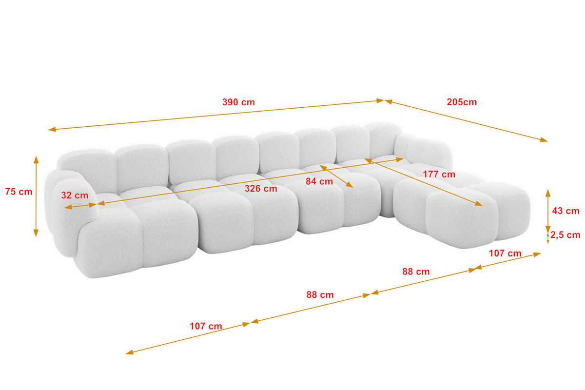 ECKSOFA modulares Sofa Rechts Miko-L3 390x205x75 Weiß Bouclé - Schwarz/Weiß, Holzwerkstoff/Kunststoff (390/205cm) - ALTDECOR