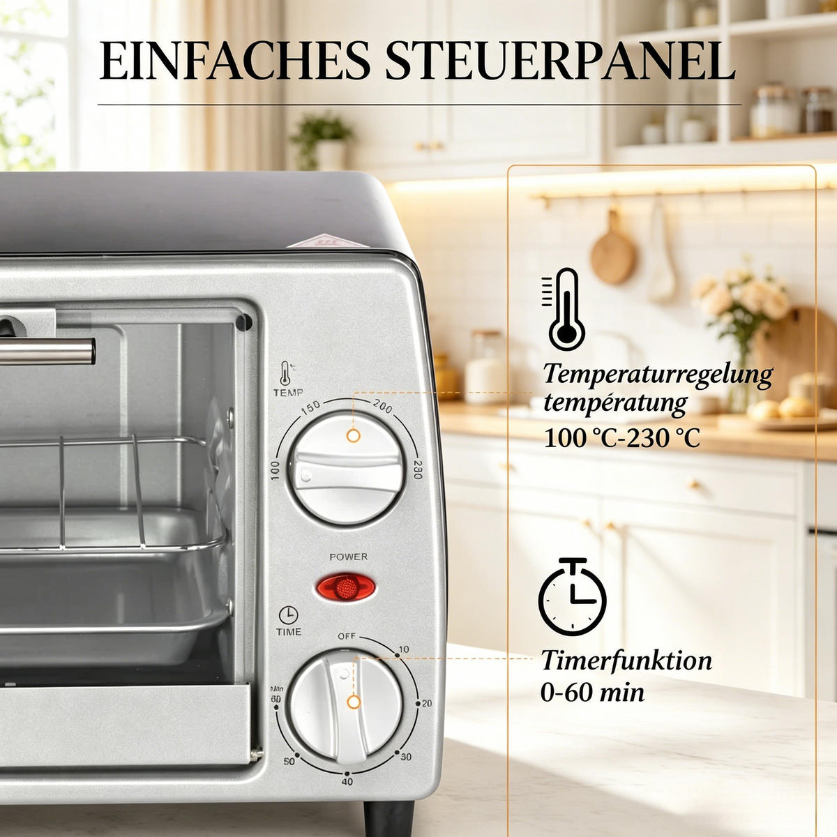 MINIBACKOFEN Kompakt, Praktischer Tischbackofen für Küche, Kleiner Elektrobackofen für Backen, Grillen & Aufwärmen - Silberfarben, Metall (36.5/22/26cm) - Beaface