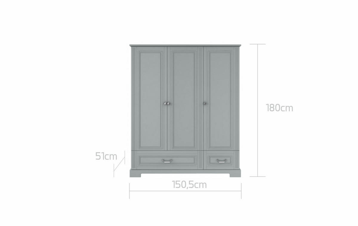 KINDERKLEIDERSCHRANK Ines, 3-türig – ideal für das Kinderzimmer - Grau, Holzwerkstoff (150/180/51cm) - RAUMHIRSCH FURNITURE