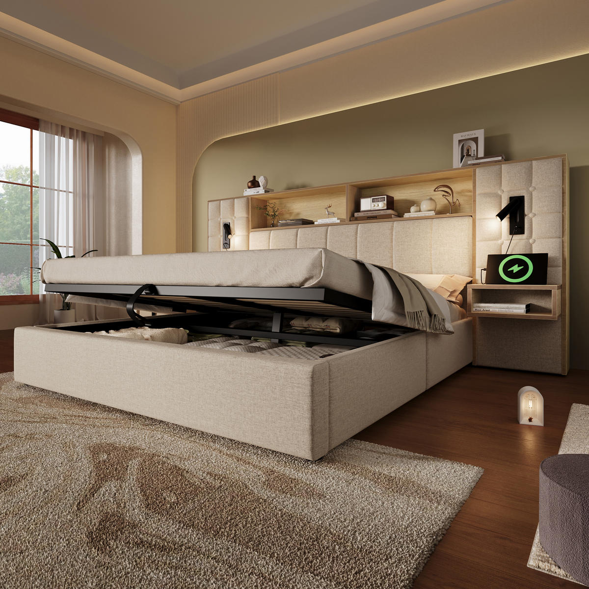POLSTERBETT 160/200 cm in Beige Leinen mit Stauraum, LED, USB und Leselampen - Beige, Holzwerkstoff/Textil (160/200cm) - WISHDOR