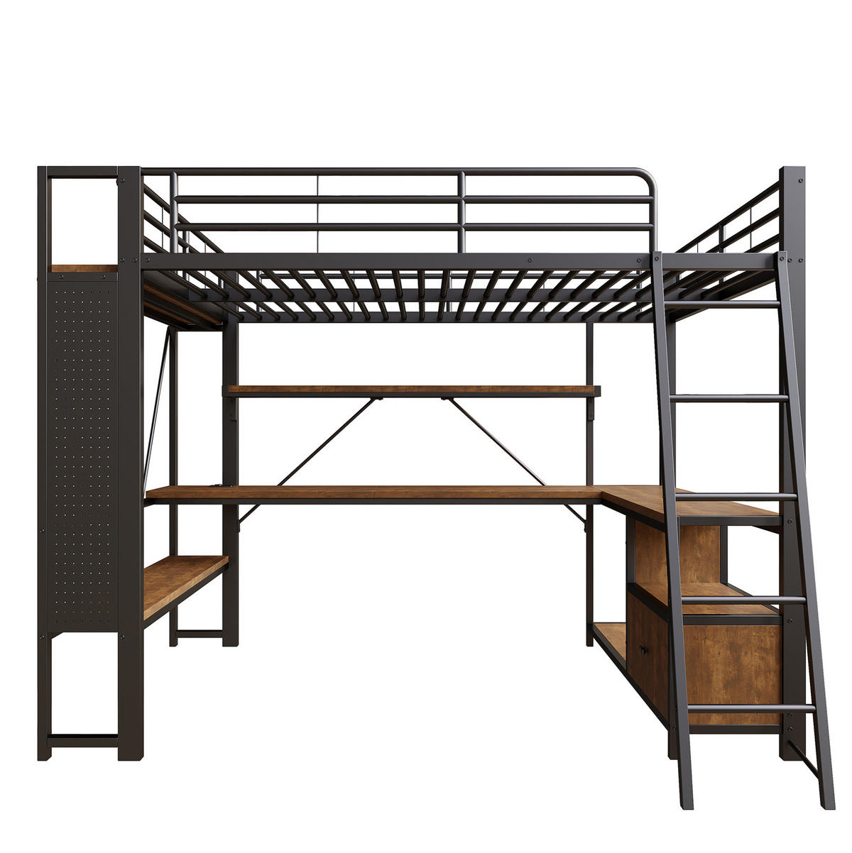 HOCHBETT 140/200 cm aus Metall mit Schreibtisch, Stauraum und LED-Beleuchtung - Schwarz, Metall (140/200cm) - Flora Grace