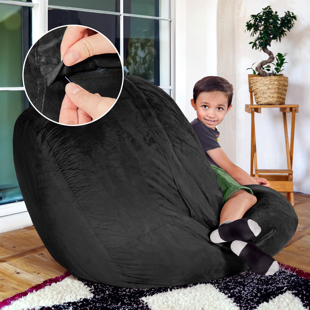 RIESEN-SITZSACK XXL JUMBO Velours 4ft - Schwarz, Textil (120/70/120cm) - Green Bean