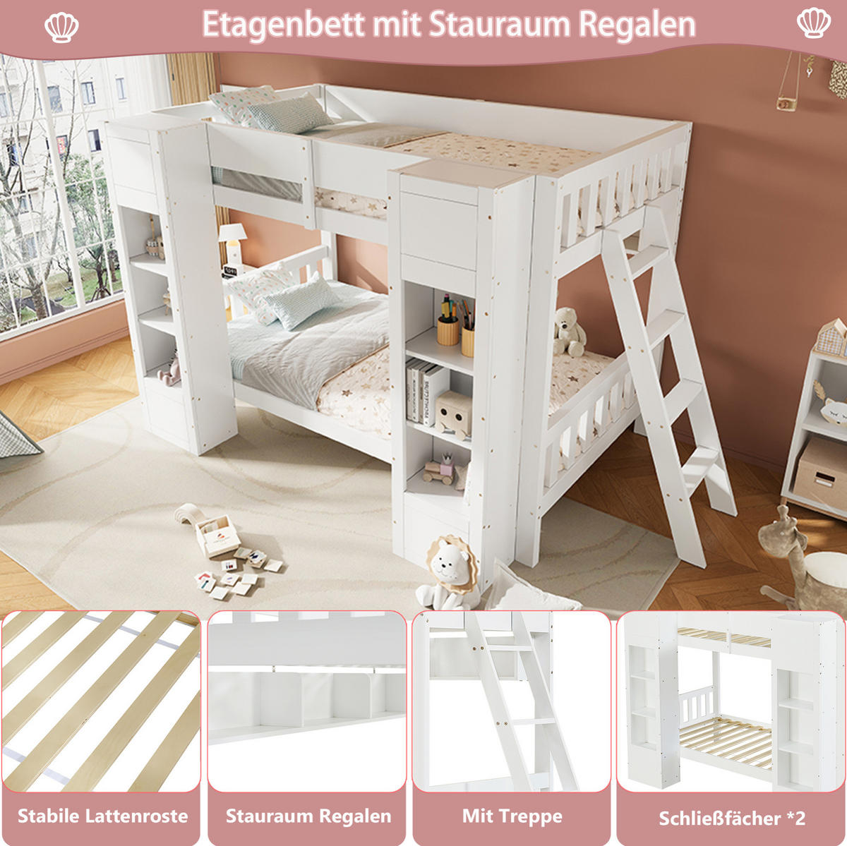 ETAGENBETT 90x200 cm in Weiß mit 2 Frontschränken, Hängeregal und Rausfallschutz - Weiß, Holz (90/200cm) - IVMEU
