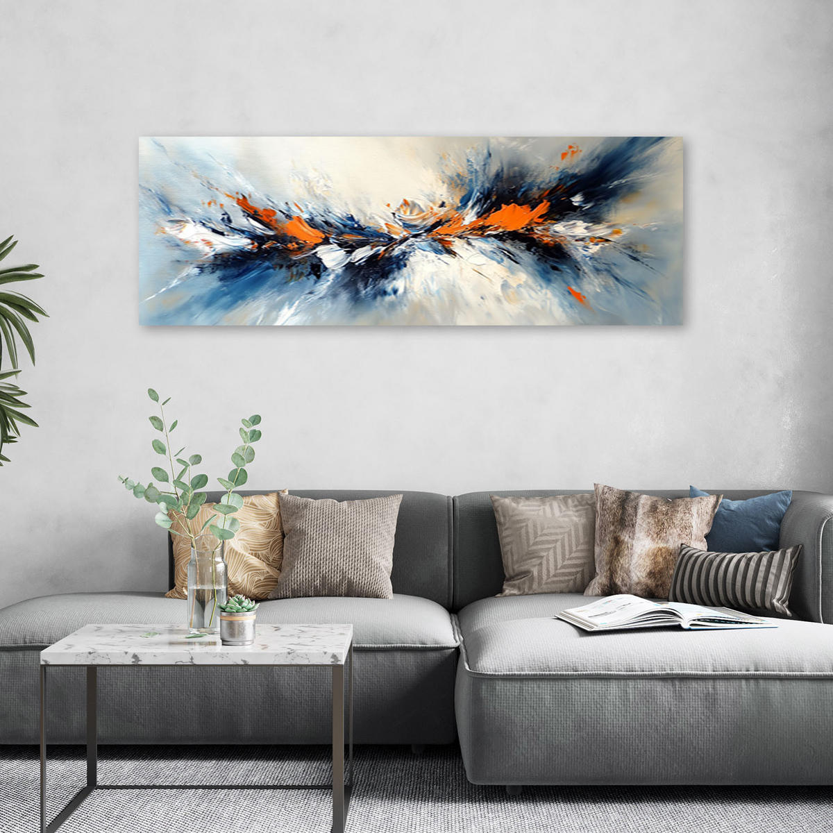 LEINWANDBILD Abstraktes Grau Blau Orange 90x30cm - Multicolor, Textil (90/30cm) - Feeby