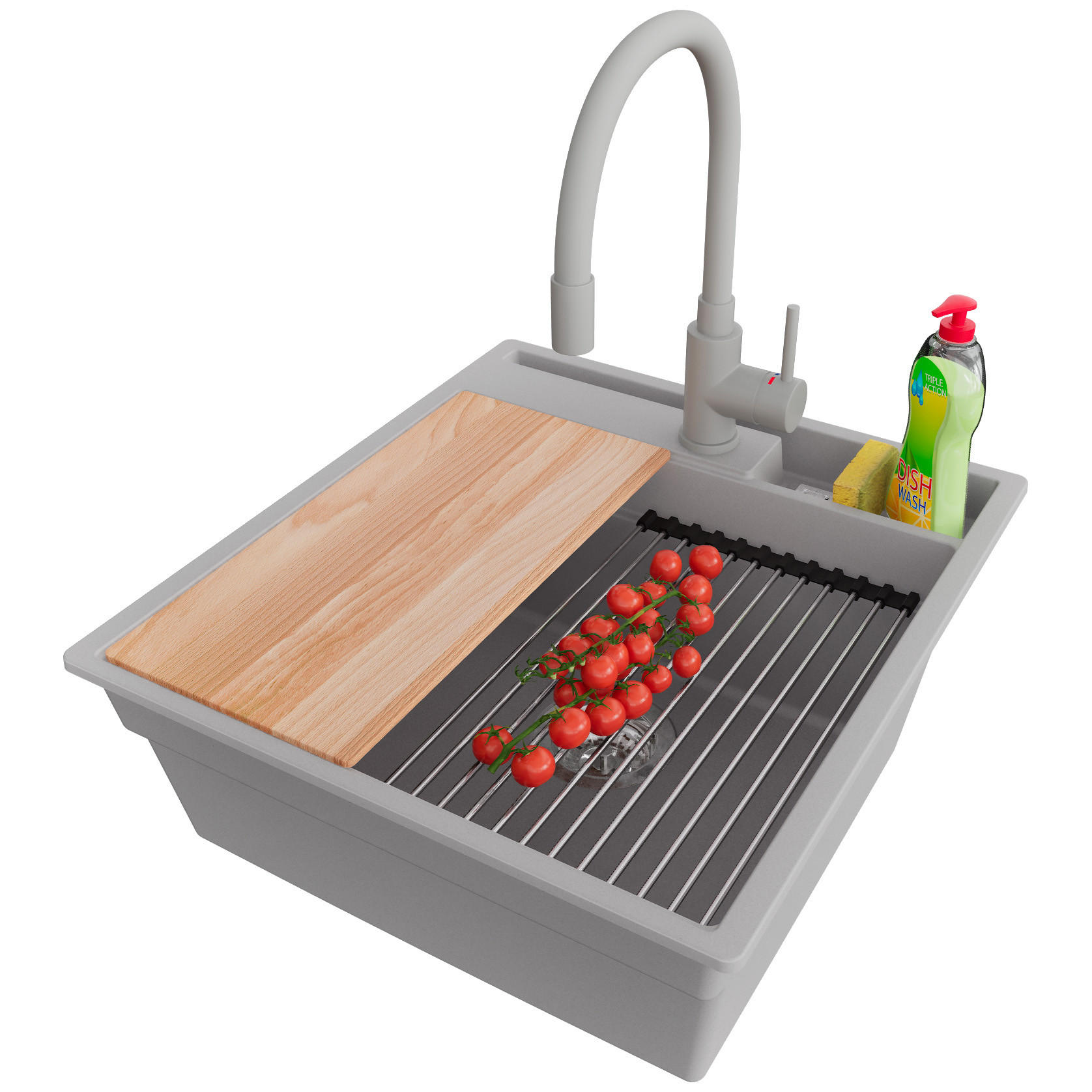 GRANITSPÜLE Oslo Pocket, 2-er set Grau 48/53 cm 1 Becken + Küchenarmatur 38/14 cm + Ablauf-Set + Küchenzubehörset ab 50er Unterschrank - Chromfarben/Beige, Kunststoff (48/20/53cm) - Primagran