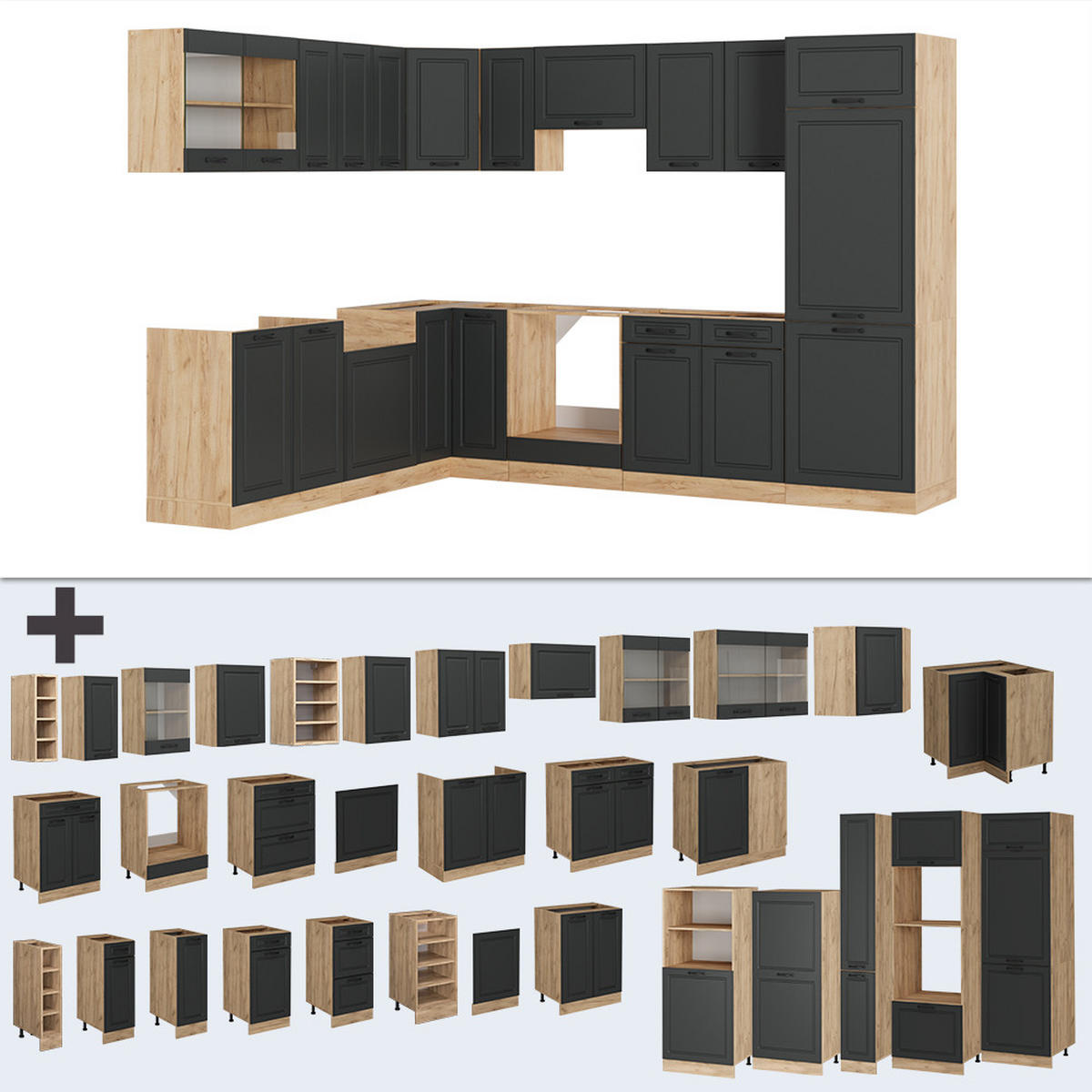 ROHOVÁ KUCHYŇ R-Line Antracitový venkovský dům/zlatý dub - medově dubová/antracitová, kompozitní dřevo (287/81.6/60cm) - Vicco