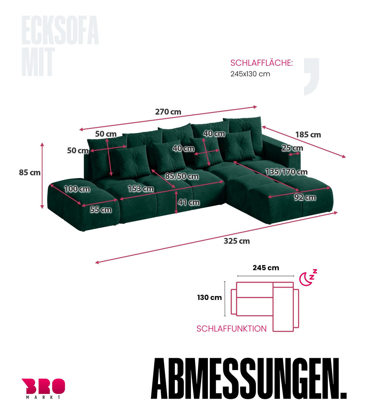 ECKSOFA mit Schlaffunktion RAMIRO Grün - Dunkelgrün, Textil (325/185cm)