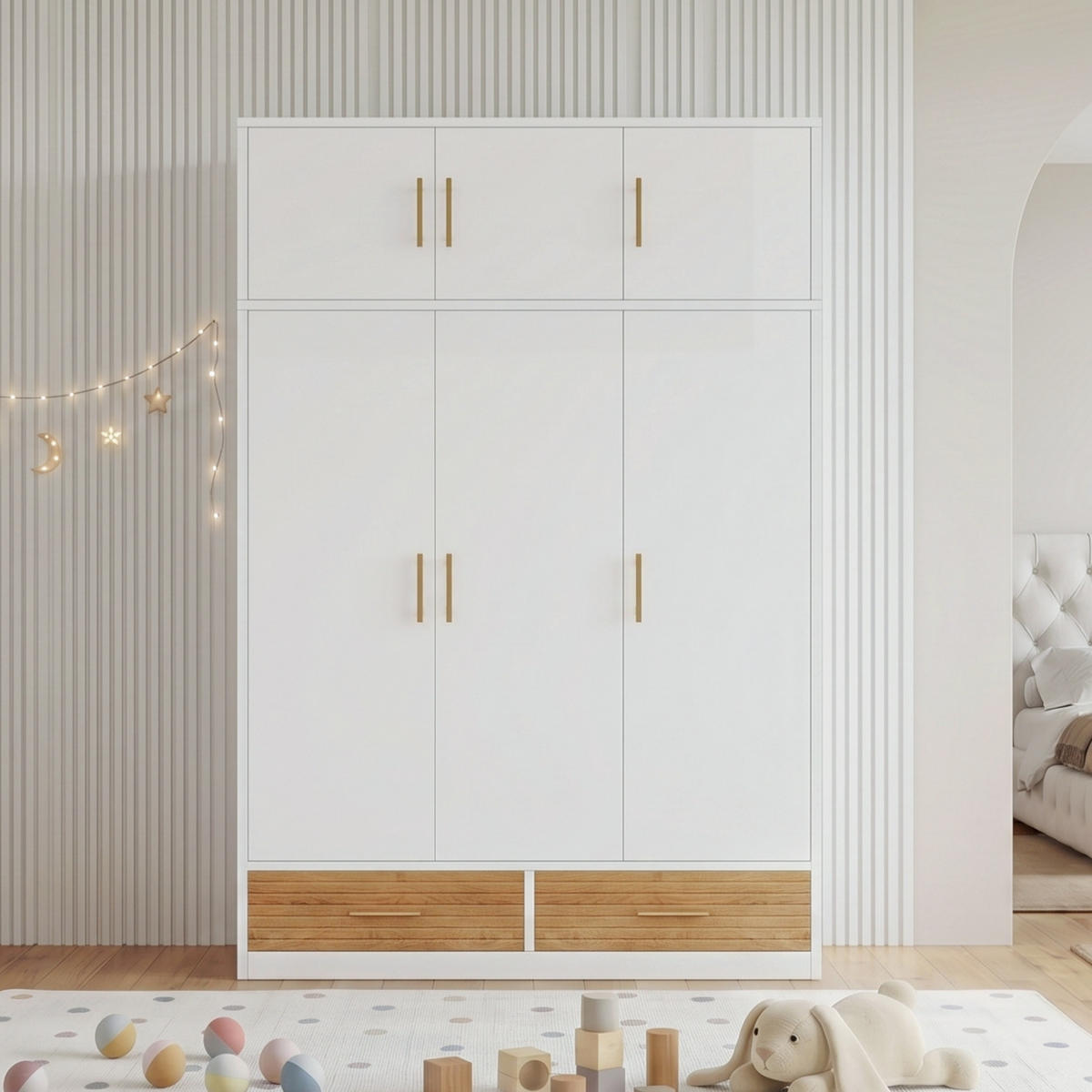 KINDERKLEIDERSCHRANK 120x50x180cm Weiß mit Oberfach und Schubladen - Weiß, Holz (61.6/13.49/133.3cm) - Raelunyi