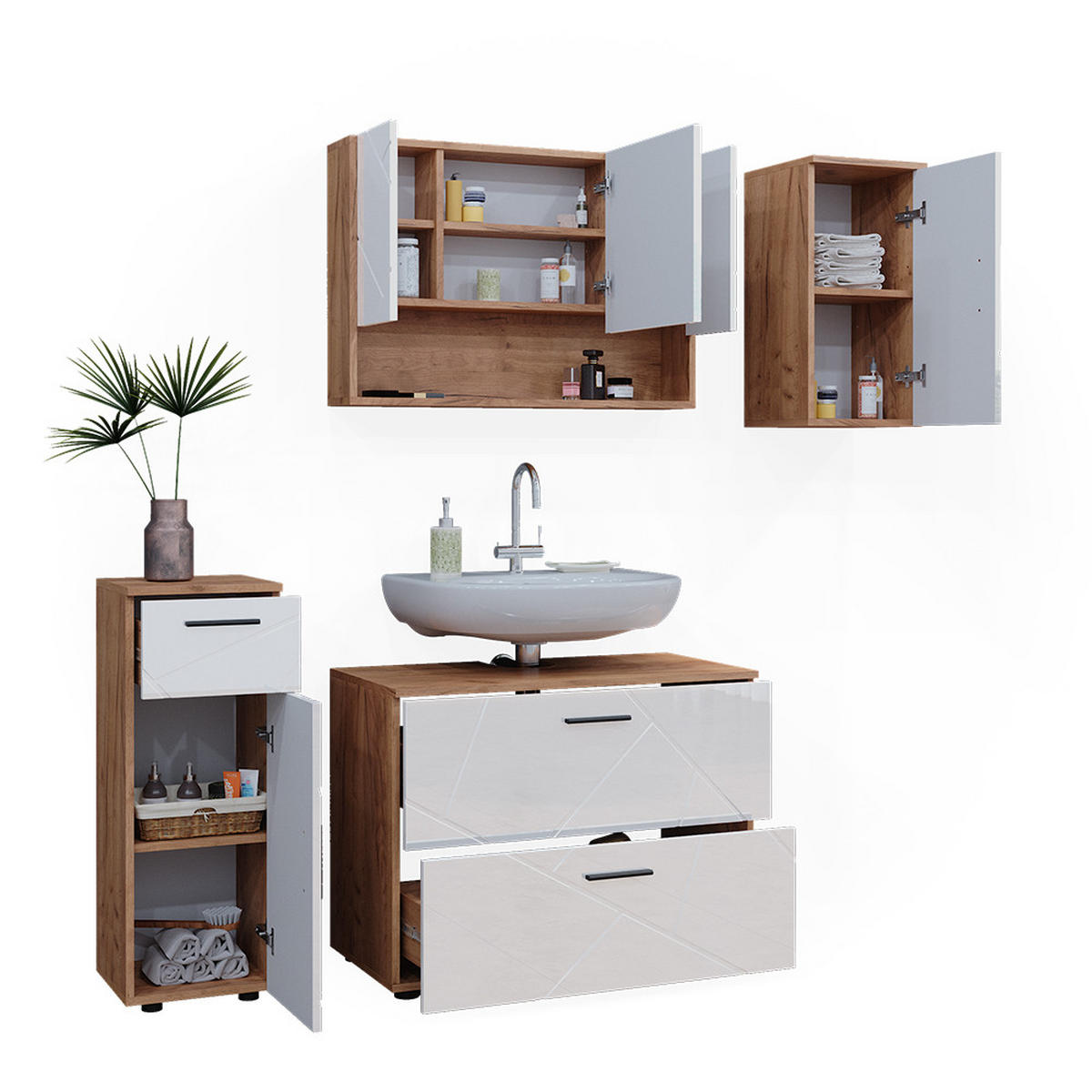 BADMÖBEL-SET Irma Weiß Hochglanz/Goldkraft Eiche 4 Teile - Honigeiche/Weiß Hochglanz, Holzwerkstoff (80/58.6/41cm) - Vicco