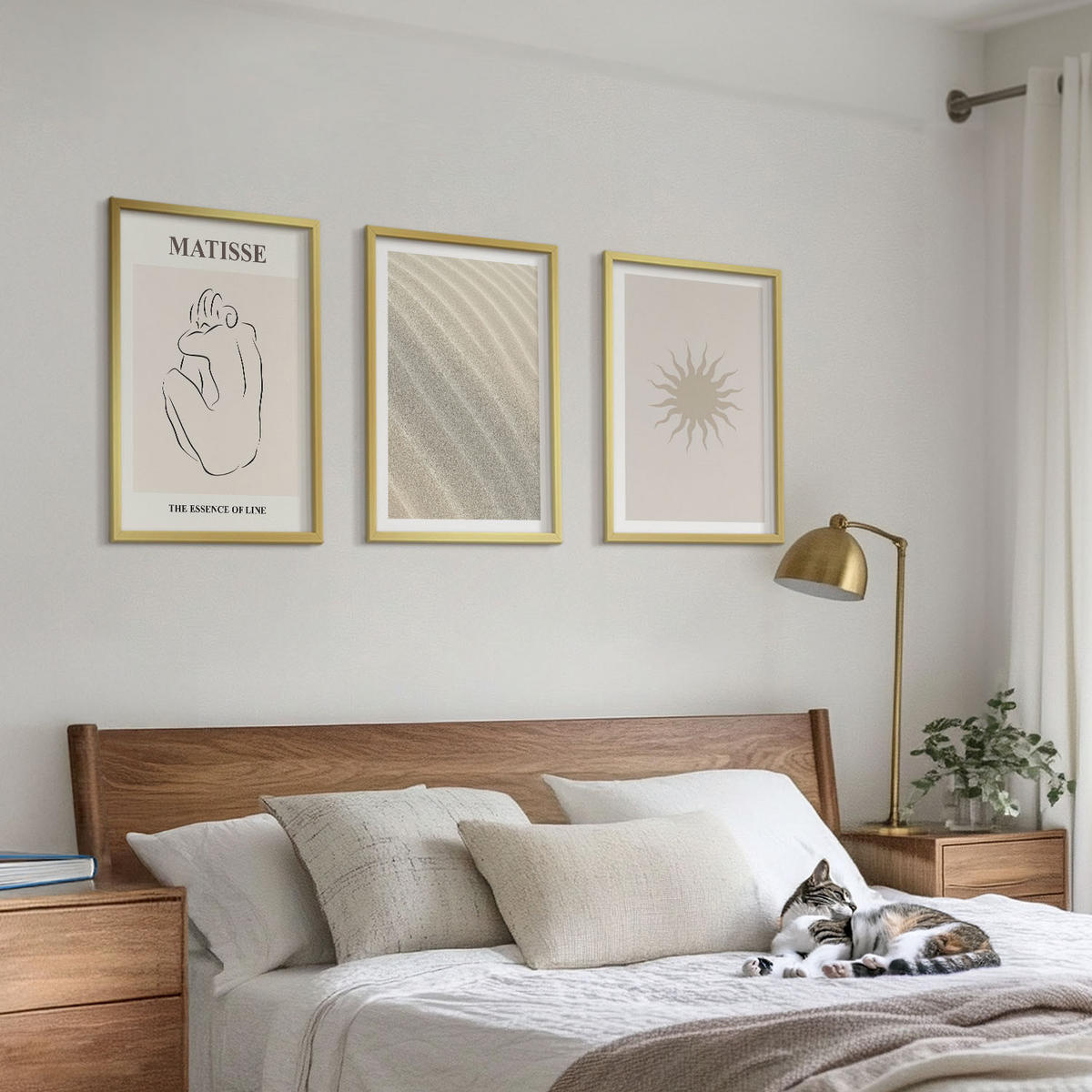 WANDBILDER 3er Set - 40x60 cm Goldrahmen - Minimalistische Sandlinien Sonne - Goldfarben, Kunststoff (40/60cm) - ArtPrintCave