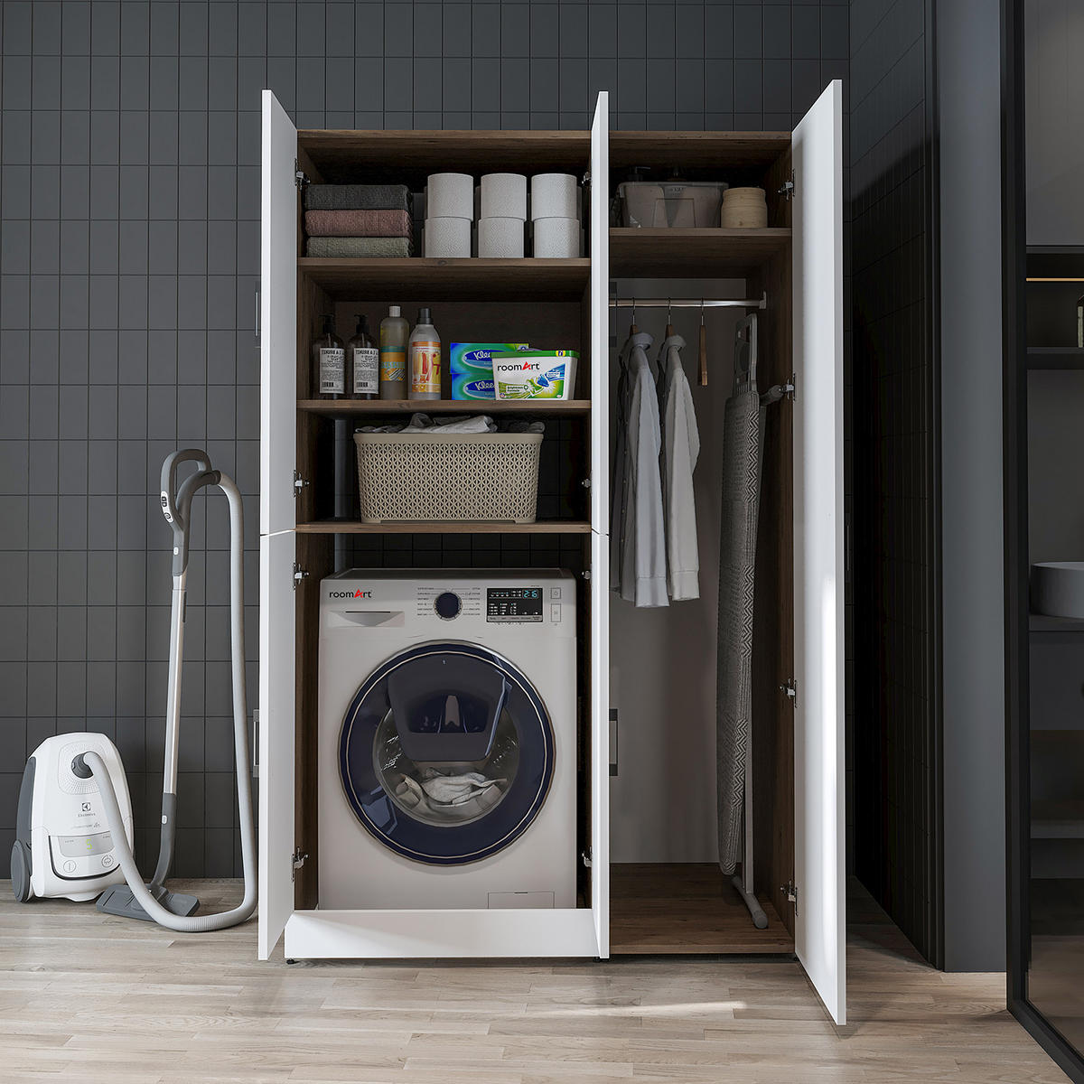 WASCHMASCHINENSCHRANK DORA-II 115cm Breit, 186cm Hoch - Eiche Bianco, Holzwerkstoff (115/186/73.8cm)