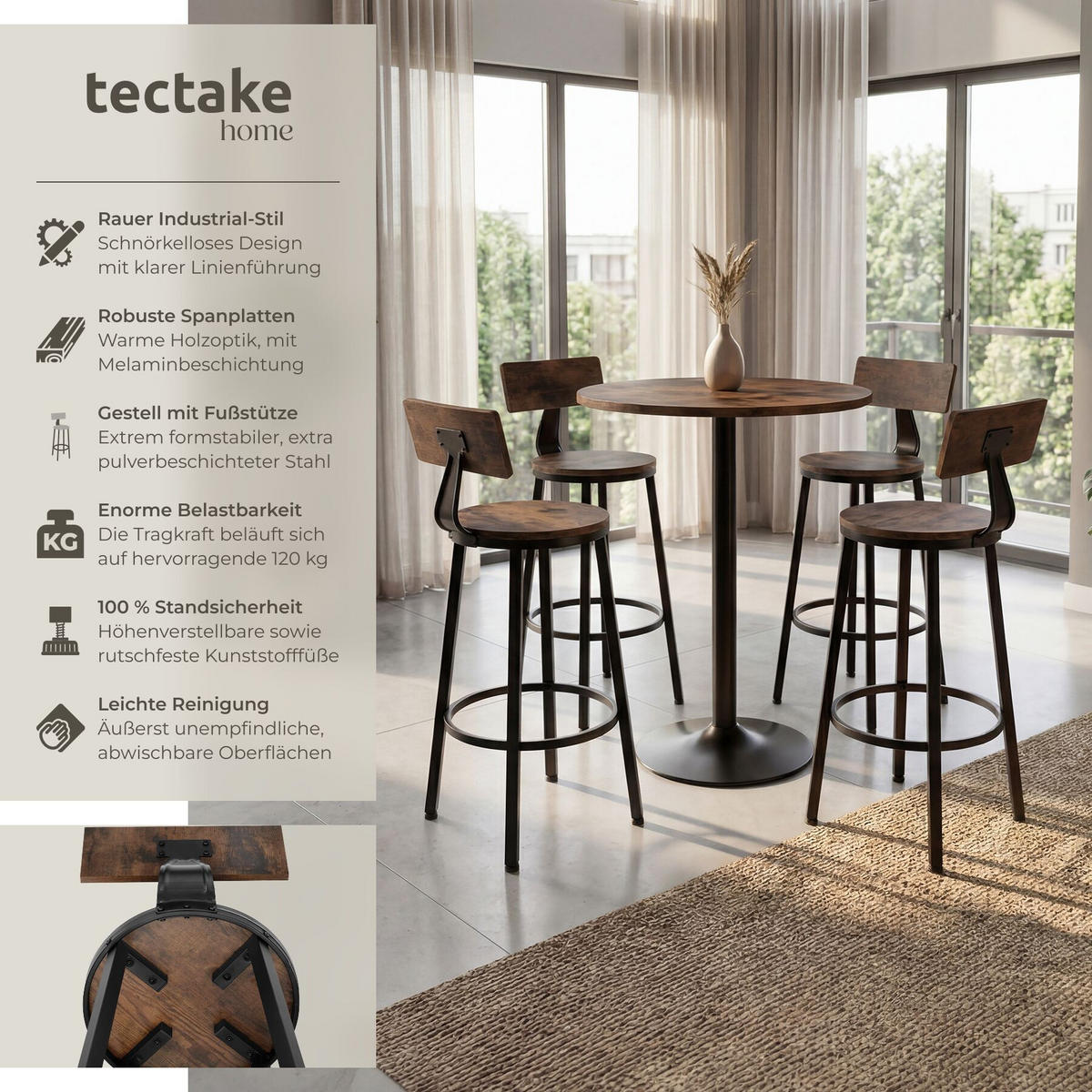 SET BARHOCKER Poole, Sitzhöhe 73 cm, Industrial Holz dunkel, rustikal - Rostfarben, Holzwerkstoff/Textil (54/101.5/54cm) - tectake