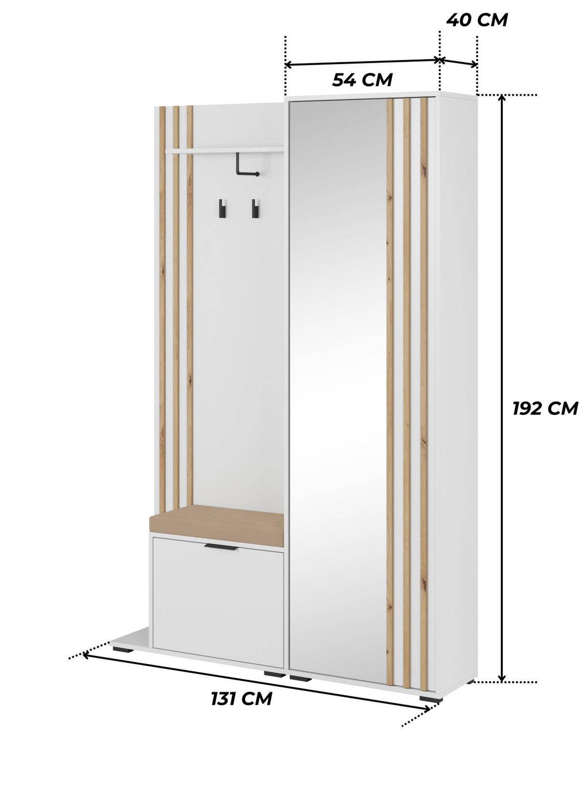 GARDEROBE STILO 131 cm (Weiß, Lamellen Artisan Eiche, Spiegel, Sitzkissen, Metallgriffe) - Schwarz/Weiß, Holz/Holzwerkstoff (131/192/40cm) - Ravio