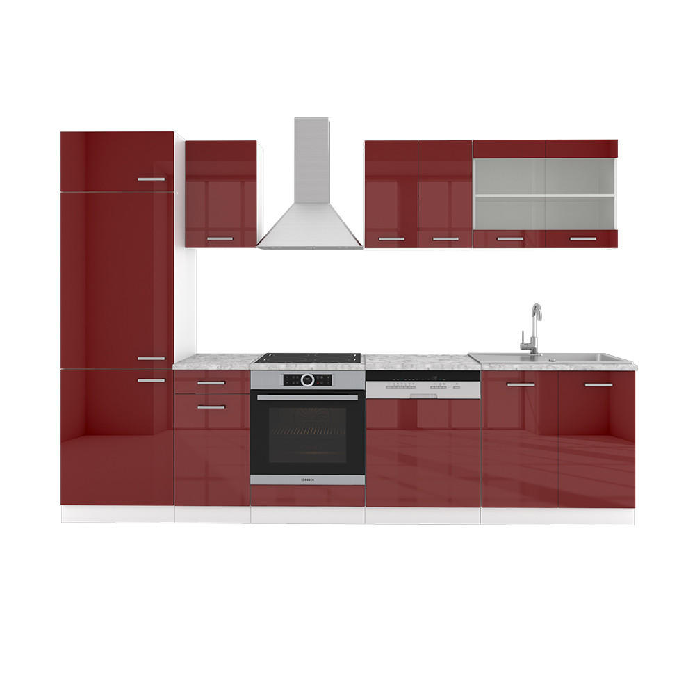 KÜCHENZEILE R-Line Rot Hochglanz/Weiß 300 cm ohne Arbeitsplatte - Rot/Weiß, Holzwerkstoff (300/81.6/46cm) - Vicco