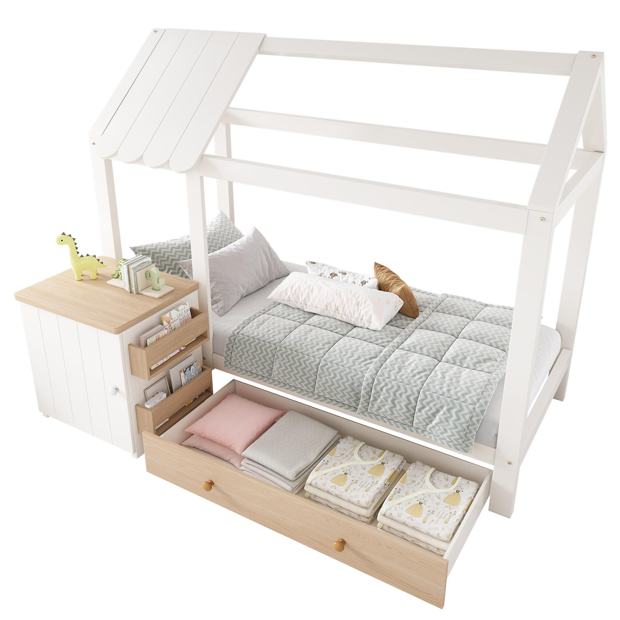 HAUSBETT 90/200 cm aus Massivholz mit Schubladen in Weiß und Eiche - Eichefarben, Holzwerkstoff (90/200cm) - OKWISH