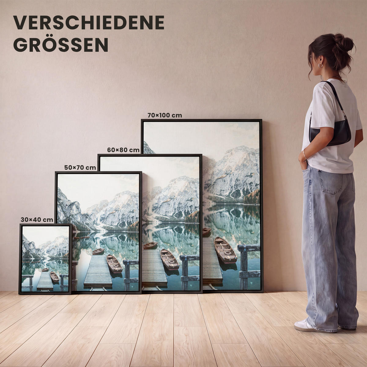 LEINWAND Bilder mit Rahmen - Natur - Berge - Schnee - Wald - Boot - 30x40 - Hellgrün, Textil (30/40cm) - MuchoWow