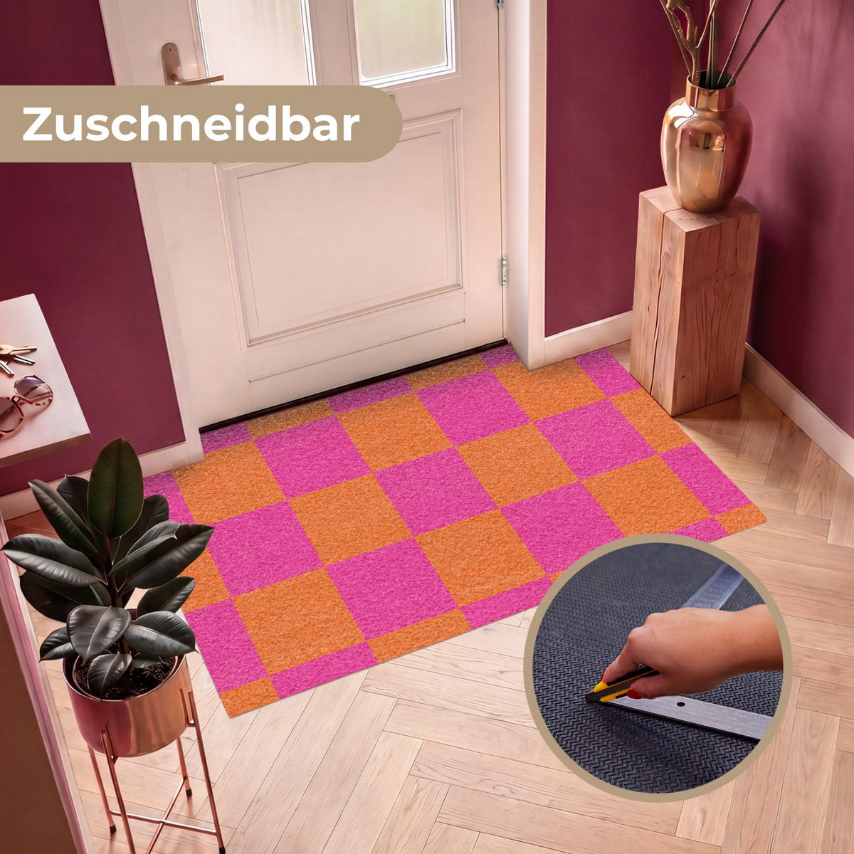 FUSSMATTE Schachbrettmuster - Orange - Rosa - Blöcke Schmutzfangmatte 150x90 cm - Pink, Kunststoff (150/90cm) - MuchoWow