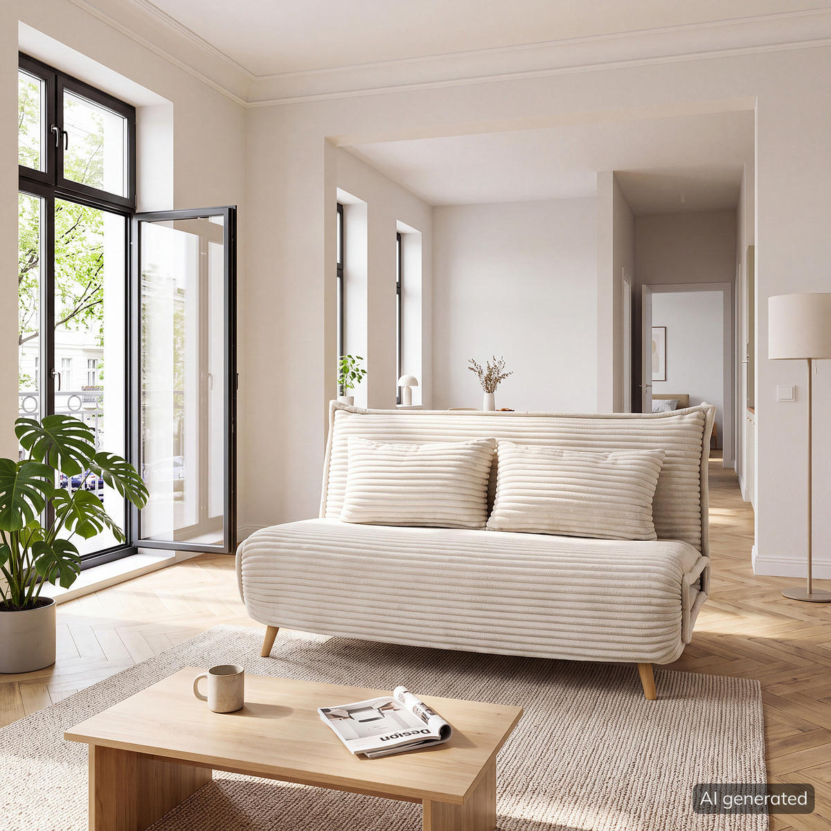 SCHLAFSOFA - Cord / Eiche - Creme - Eiche Hell - Eichefarben/Creme, Textil/Metall (150/85/92cm) - home24