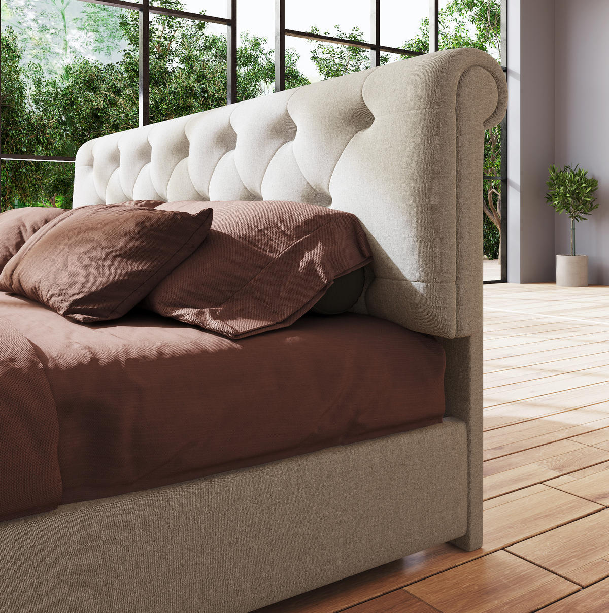 POLSTERBETT 140/200 cm mit hydraulischem Bettkasten & höhenverstellbarem Kopfteil, Natur - Naturfarben, Textil (140/200cm) - Redom