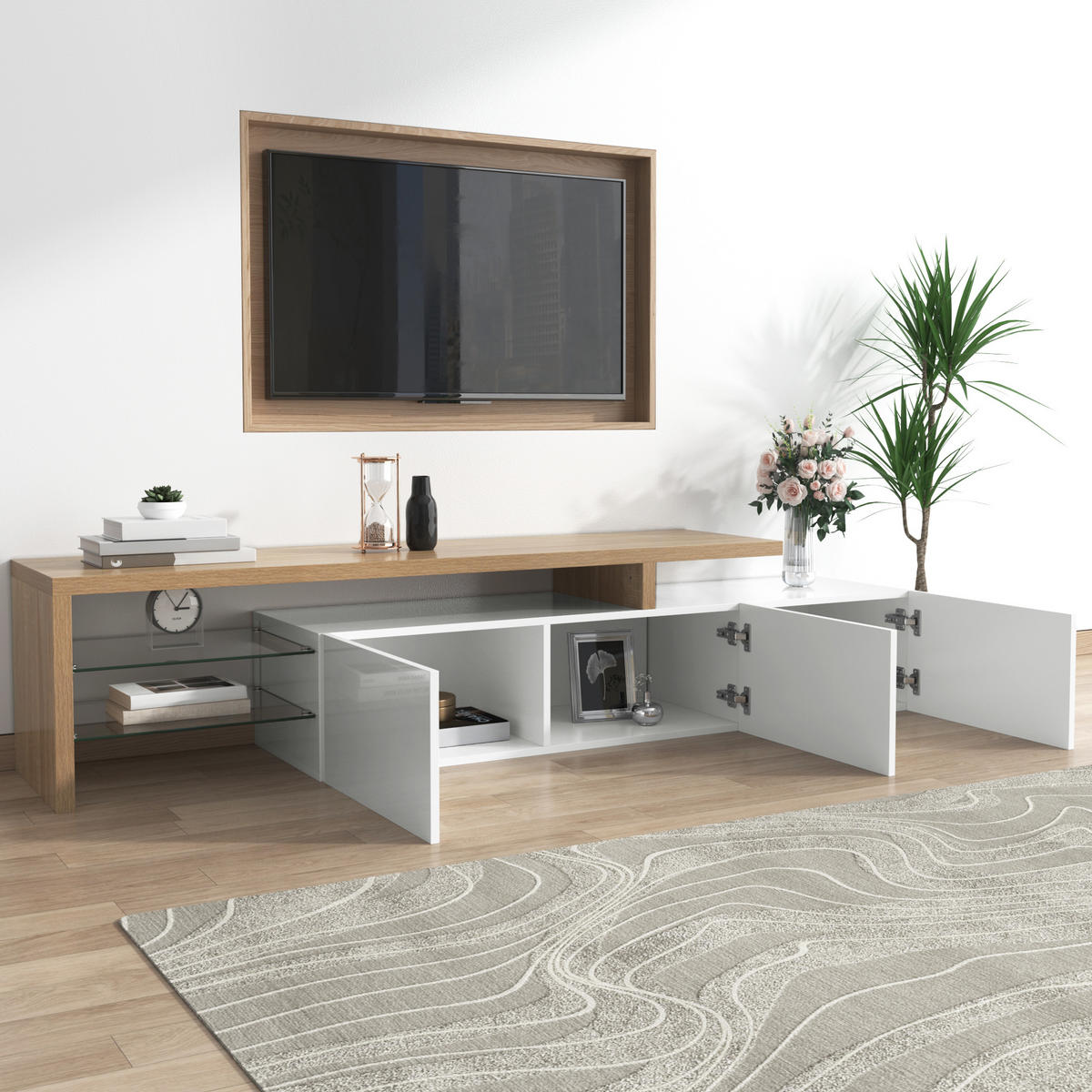 TV-SCHRANK Lowboard Hochglanz Glas LED weiß - Naturfarben, Holz (197.5/42/39cm) - Fortuna Lai