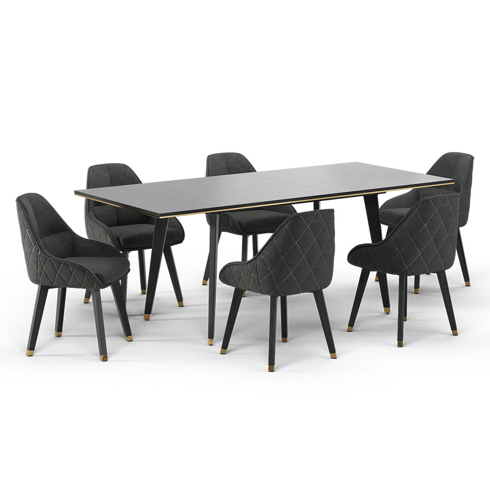 ESSTISCH SET Goldamo Schwarz 200 x 90 cm mit 6 Stühlen - Goldfarben/Schwarz, Holzwerkstoff (200/77/90cm) - Vicco