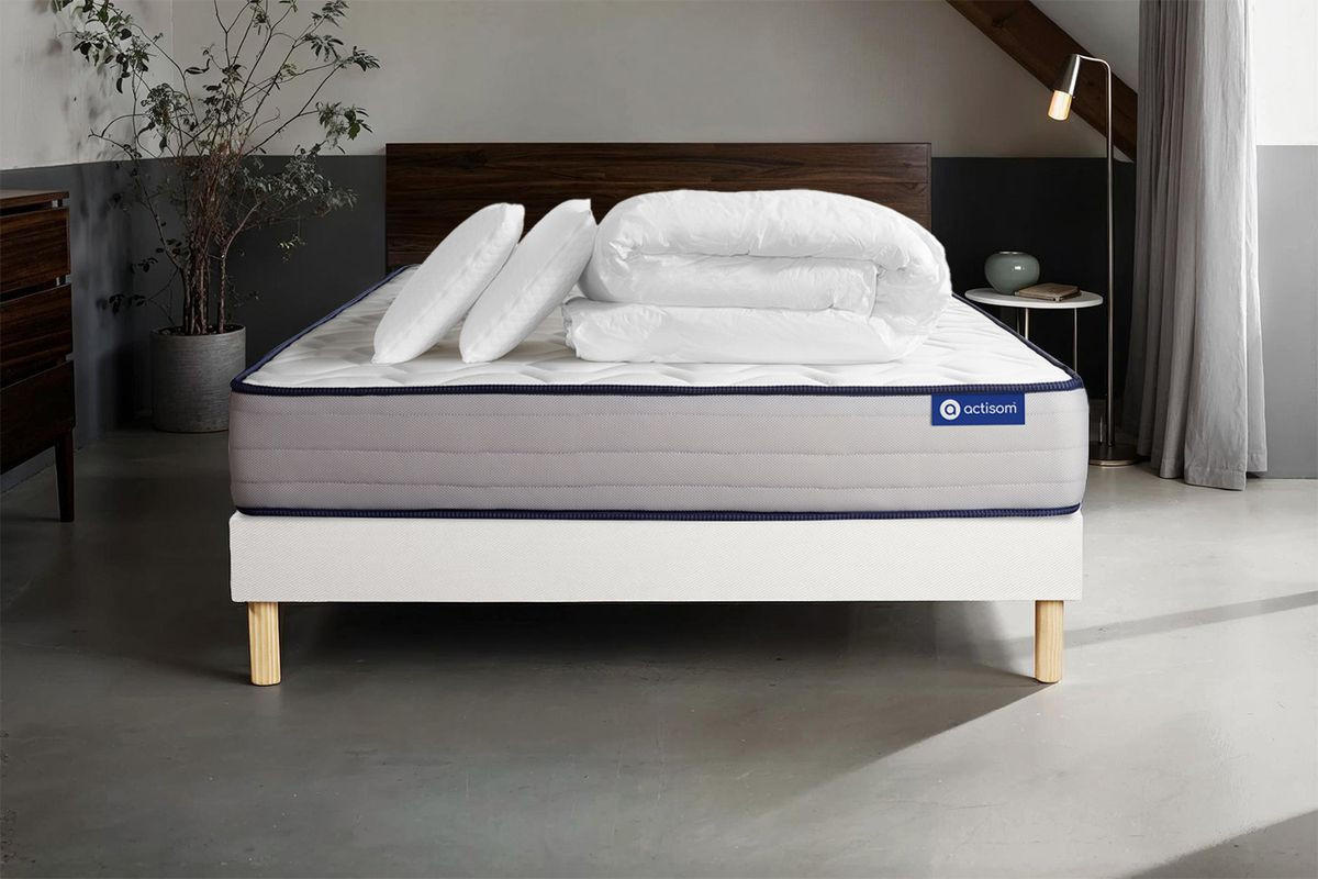 BETT Actiflex form Taschenfederkern und Memory-Schaum 200 x 200 cm h3 - Kit Bettgestell Weiß - Mit Kissen und Bettdecke - Beige/Weiß, Karton/Holz (200/200cm) - ACTISOM