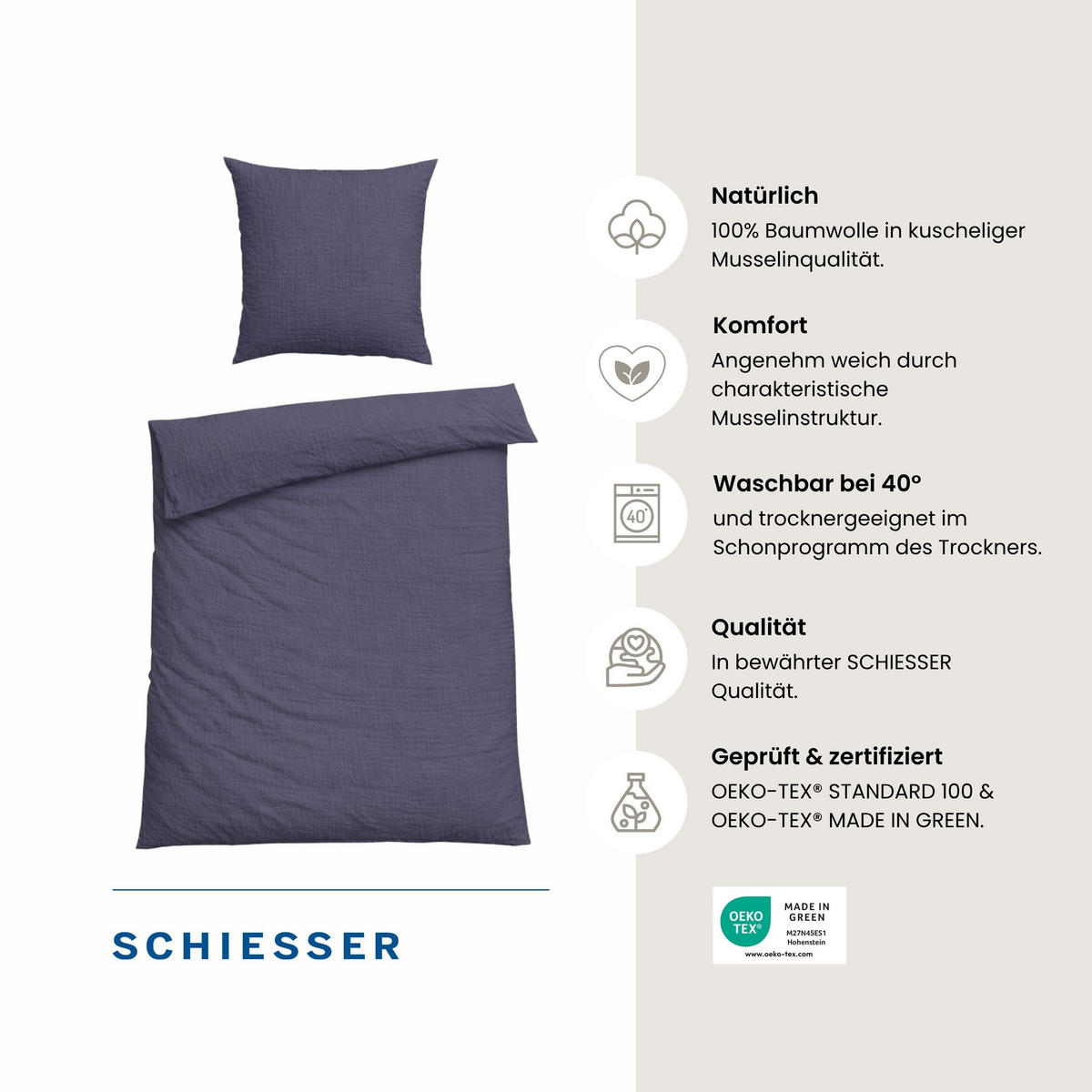 BETTWÄSCHESET Molly - Musselin - 2-teilig - 135x200 cm - Indigo - Dunkelblau, Textil (135/200cm) - SCHIESSER