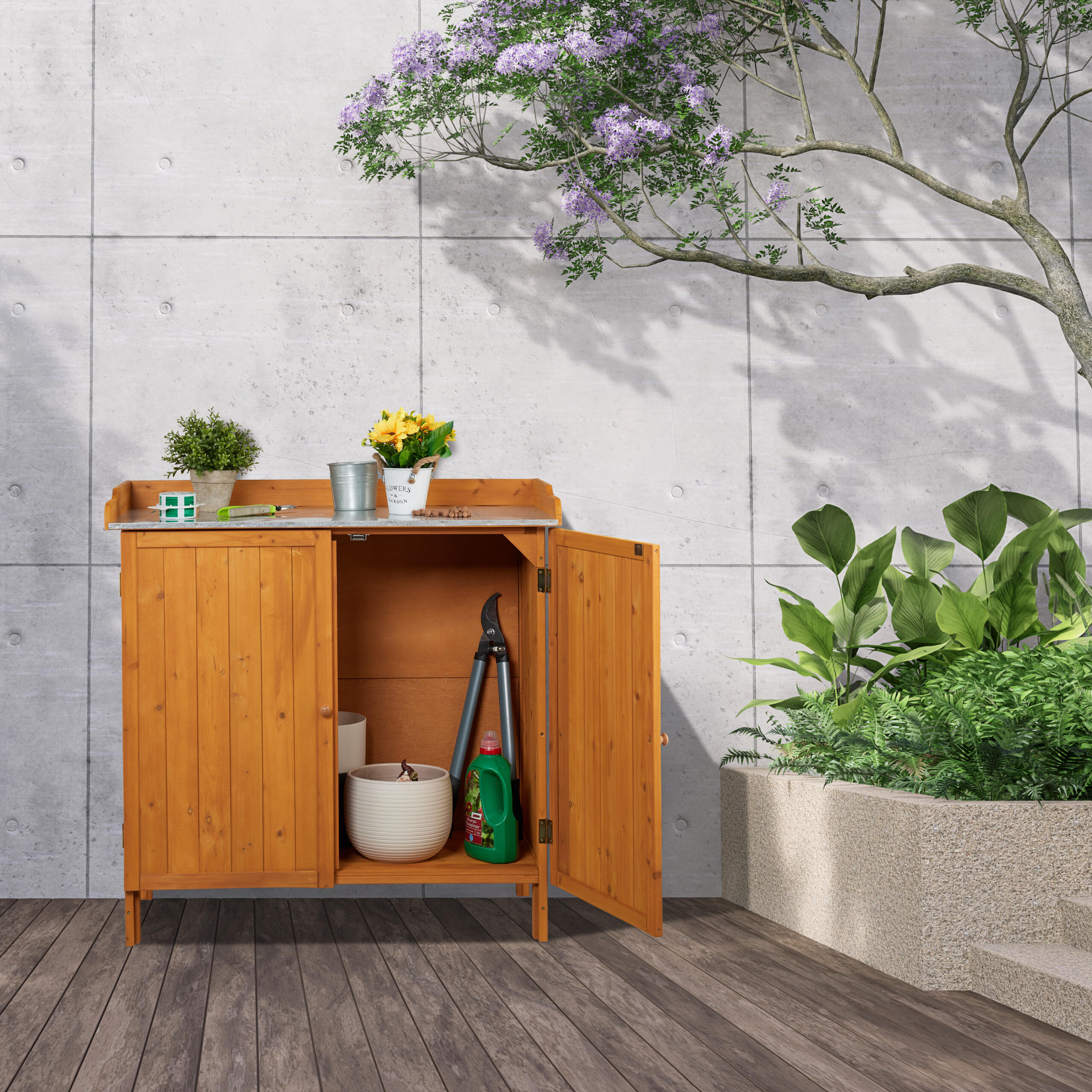 PFLANZTISCH - Orange, Holz/Metall (47/94/94cm) - Relaxdays