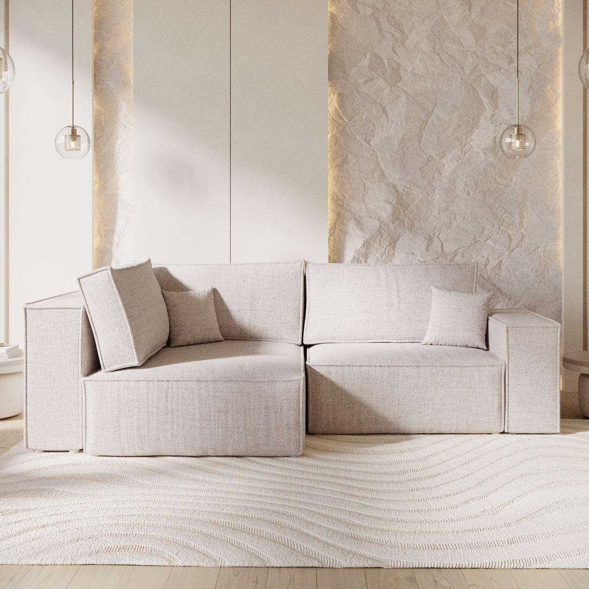 ECKSOFA AVION mit Schlaffunktion Hellbeige im Neve Stoff - Sandfarben/Schwarz, Holz/Holzwerkstoff (253/148cm) - AltaBeds