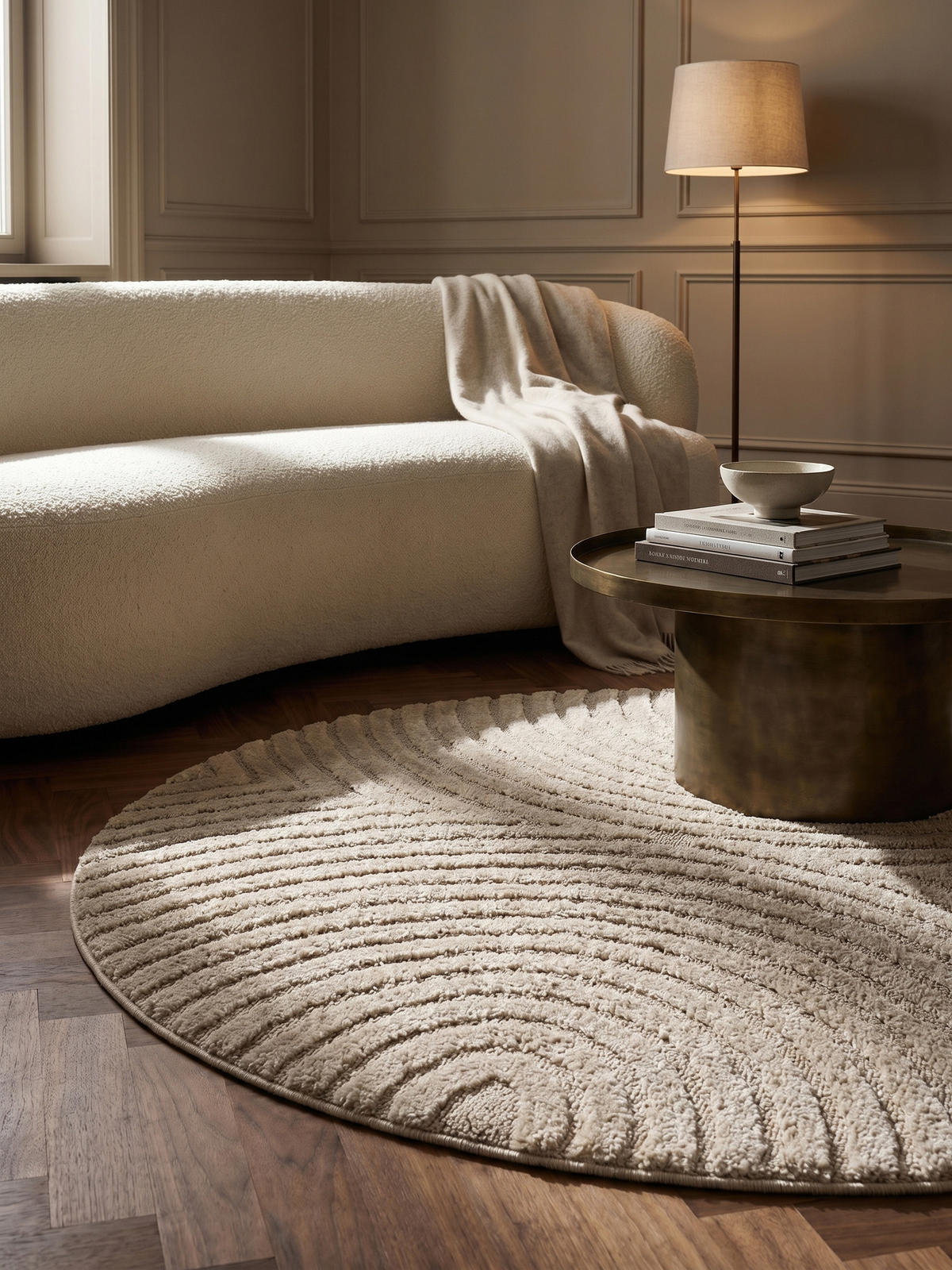 TEPPICH Wohnzimmer Hoch-Tief 3D-Effekt Organische Bögen mit 3D-Effekt OEKO-TEX 3D-Relief Boho Rund Beige 200x200 – RIGI - Beige, Textil (200/200cm) - KADIMA DESIGN