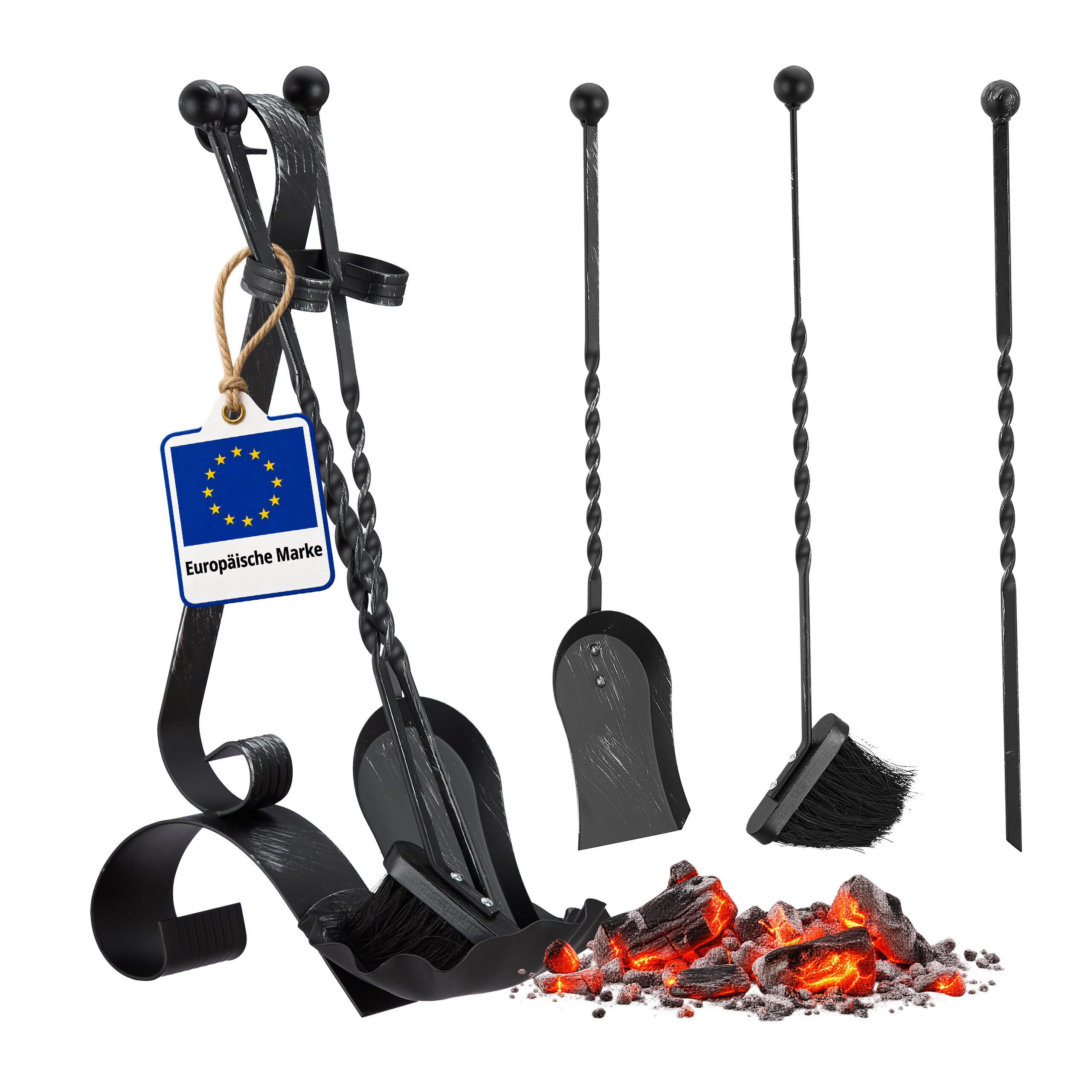 KAMINSKI PRIBOR Antik 4-dijelni čelični 57 cm - crna, metal (21/57/36cm) - Relaxdays