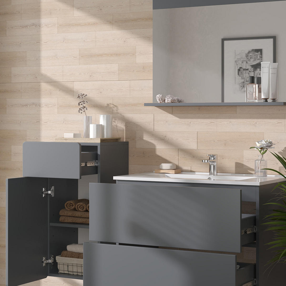 BADMÖBEL-SET Izan Grau 4 Teile mit Midischrank - Grau, Holzwerkstoff (80/59.3/46cm) - Vicco