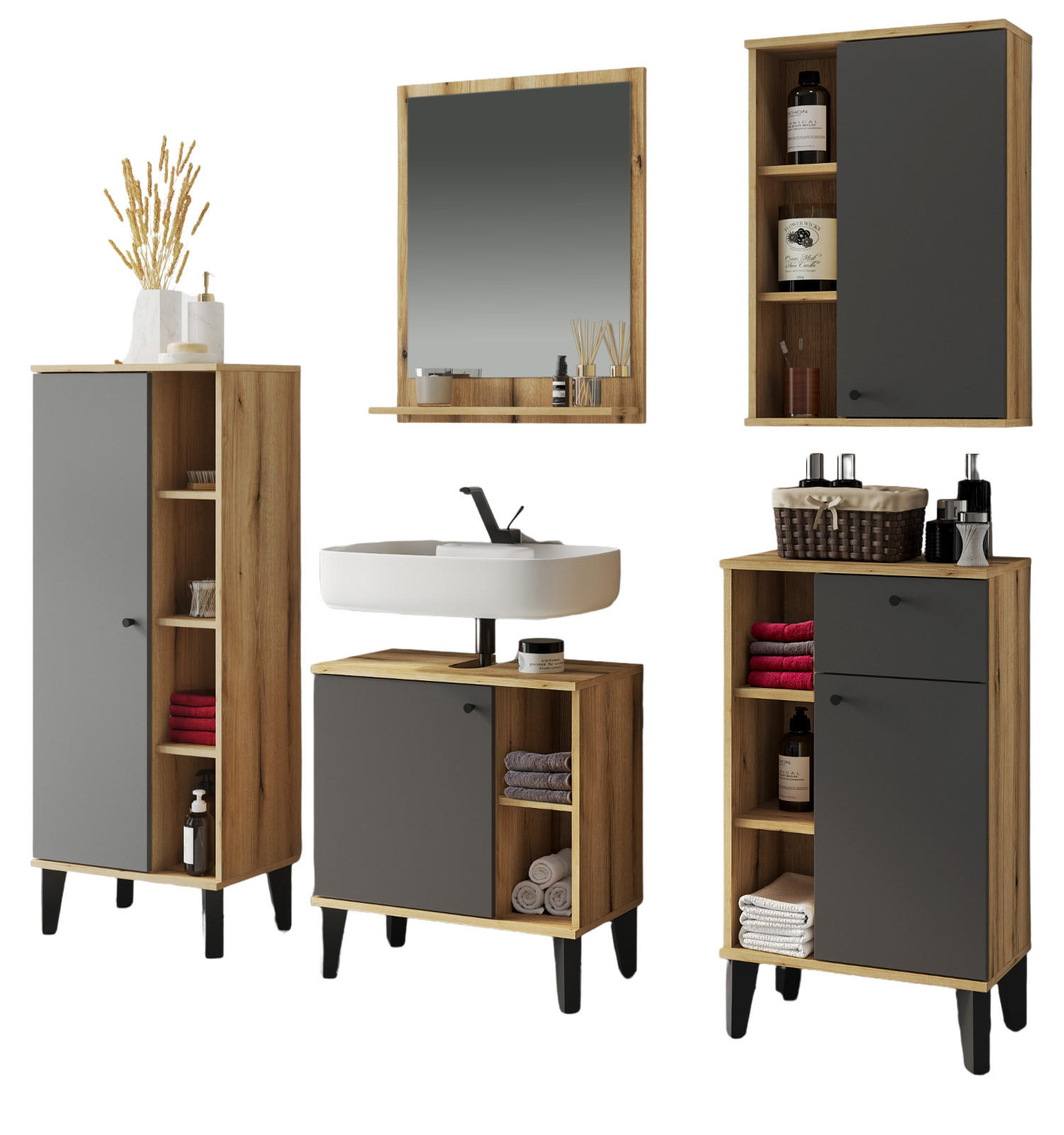 BADMÖBEL-SET 5-teilig grau, Evoke Eiche, Badkombination, 182 x 190 cm - Eichefarben/Grau, Glas/Holzwerkstoff (182/190/33cm) - Furn.Design