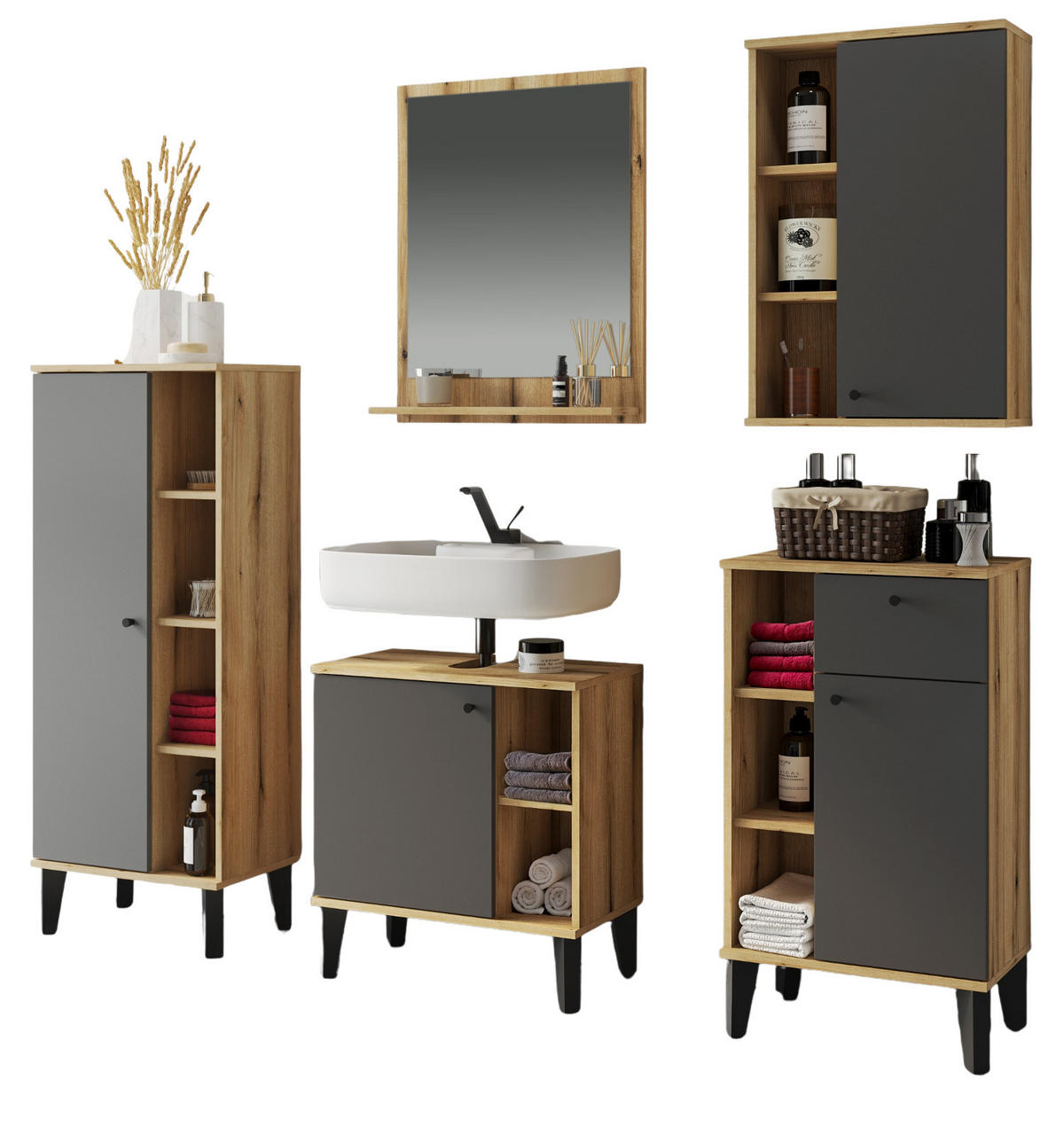 BADMÖBEL-SET 5-teilig grau, Evoke Eiche, Badkombination, 182 x 190 cm - Eichefarben/Grau, Glas/Holzwerkstoff (182/190/33cm) - Furn.Design