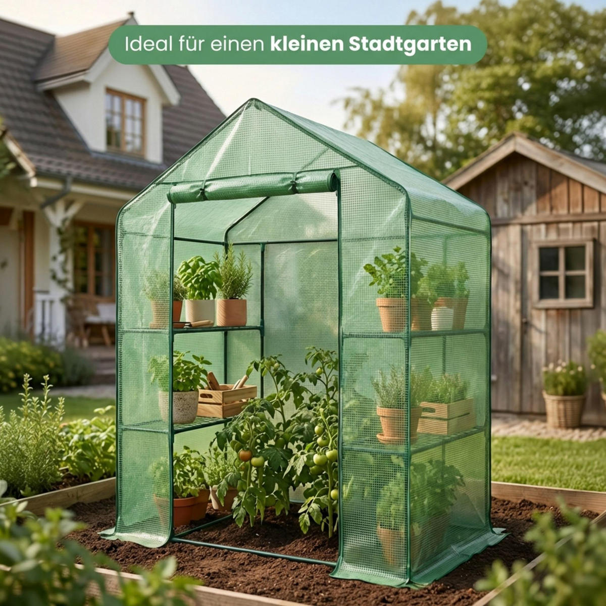 MINI Gewächshaus in Hausform, Grün, 143x73x195 cm - Grün, Metall (143/195/73cm) - Akord