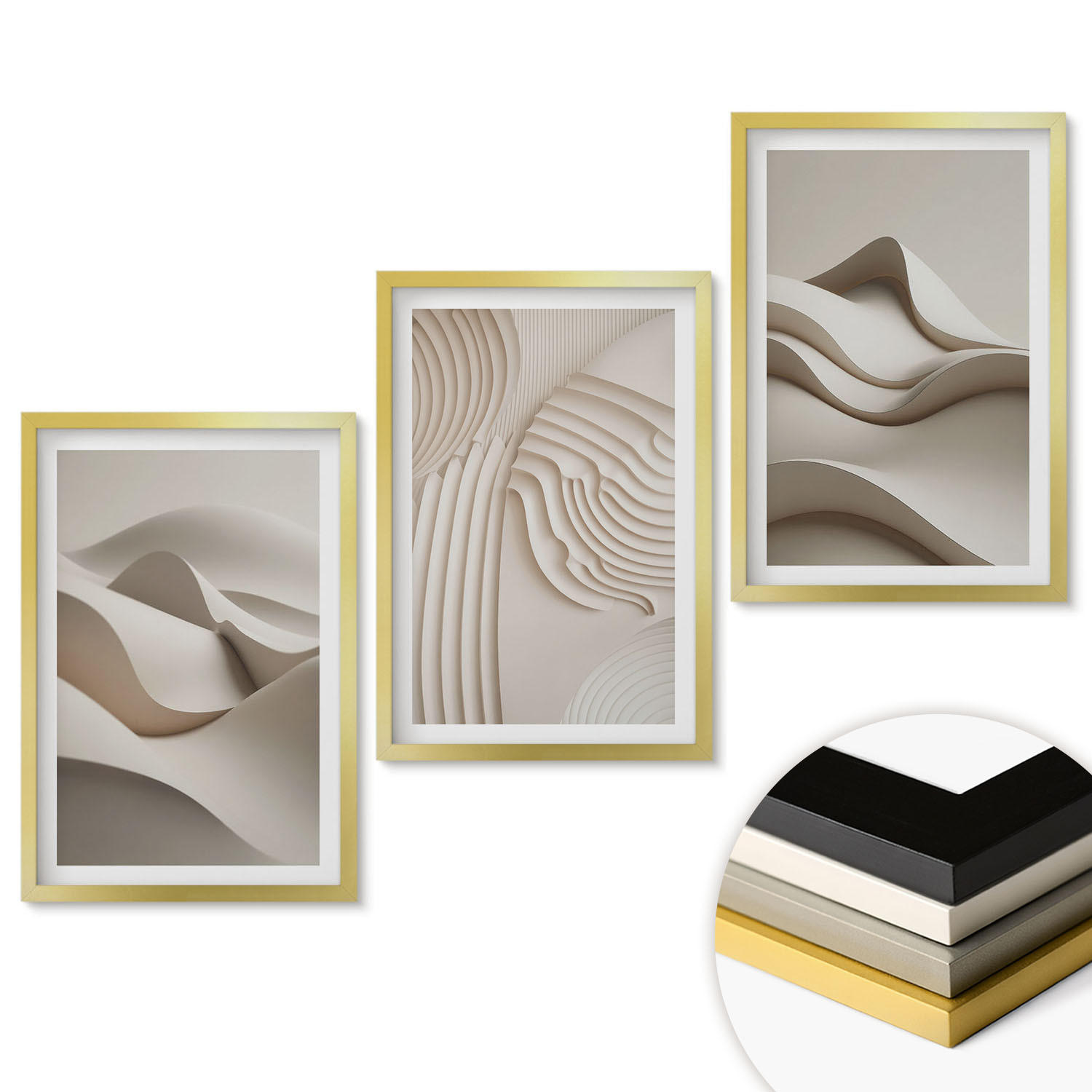 WANDBILDER 3er Set - 40x60 cm Goldrahmen - Abstrakte beige Wellen - Goldfarben, Kunststoff (40/60cm) - ArtPrintCave