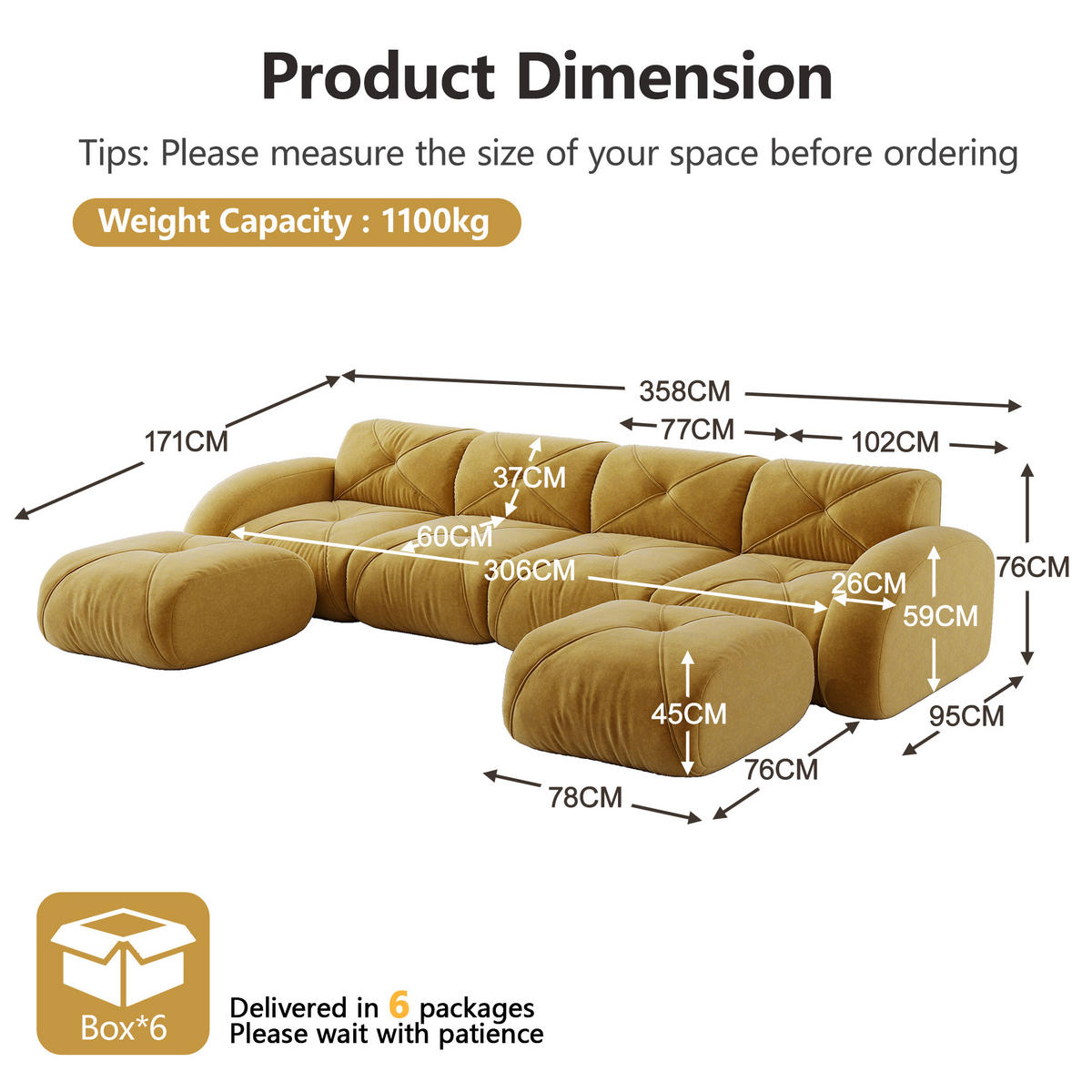 4-SITZER Sofa 358×171×76 cm Chenille rahmenlos modular mit 2 Hockern, gelb - Gelb, Textil (171/76/358cm) - Luhomfu