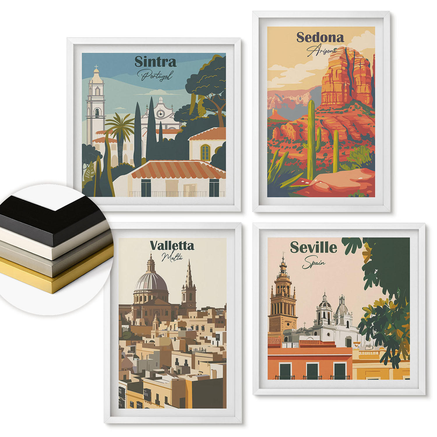WANDBILDER 4er-Set - 50x50 cm & 40x60 cm Weißer Rahmen - Retro-Stadtansichten Sedona Sintra - Weiß, Kunststoff (50/50cm) - ArtPrintCave