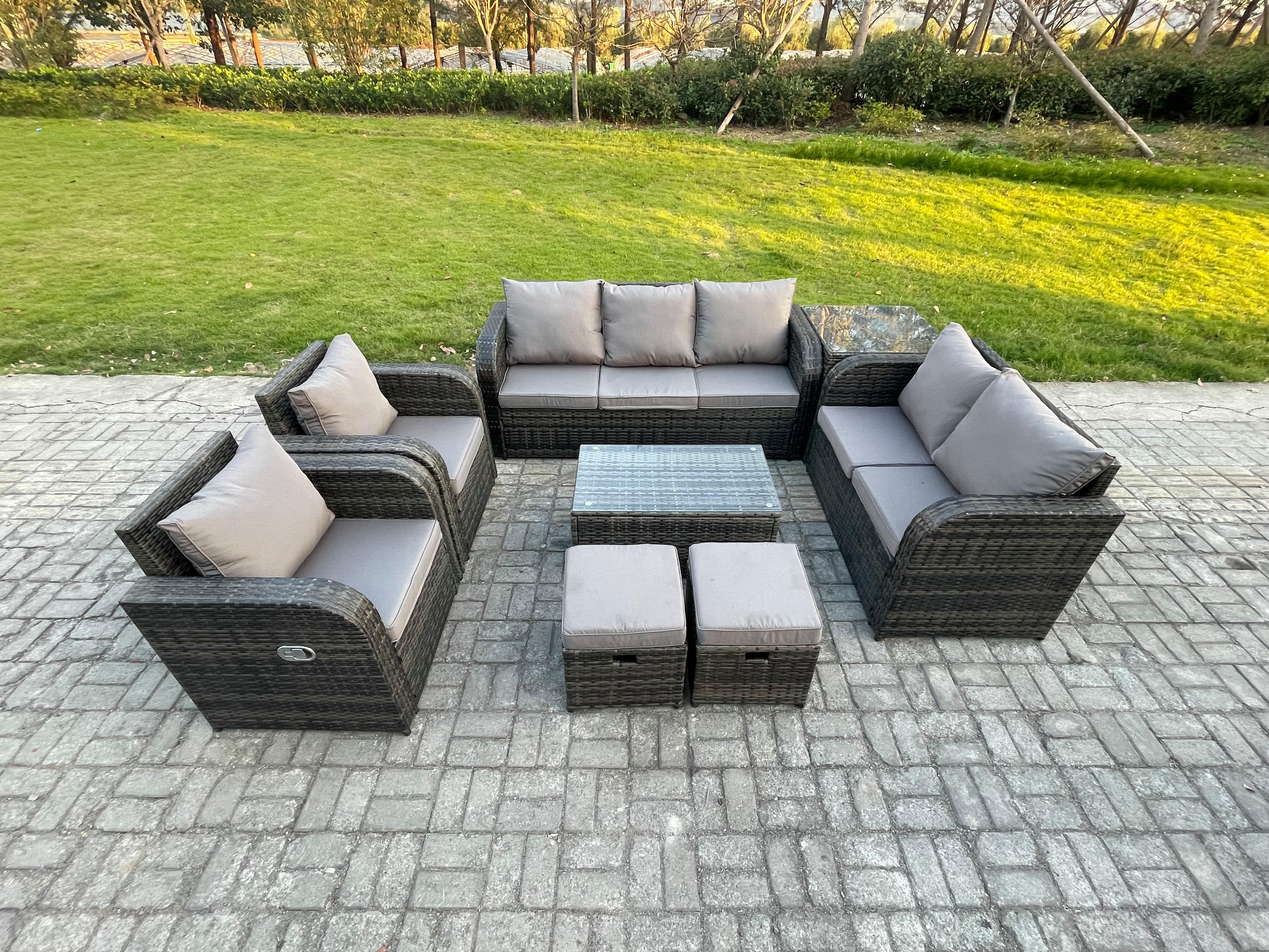 GARTENMÖBELSET mit Couchtisch Polyrattan 9-Sitzer - Dunkelgrau/Grau, Glas/Kunststoff - Fimous