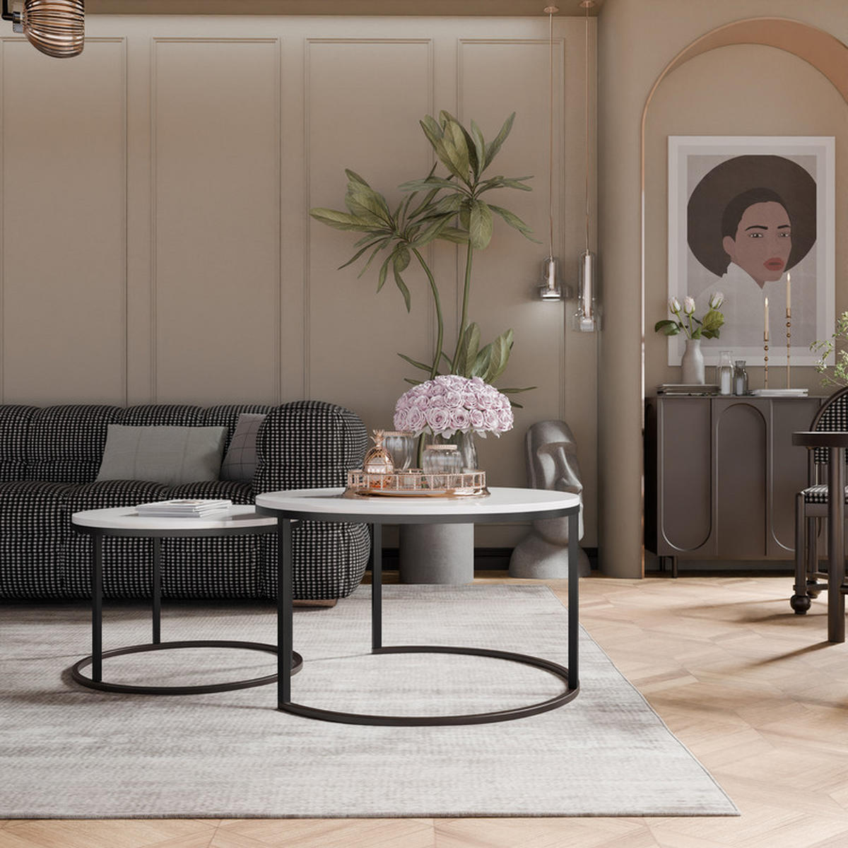 COUCHTISCH rund Groß, Weißglanz, Rahmen Schwarz - Weiß Hochglanz/Schwarz, Metall (80/80/48cm) - Idohome