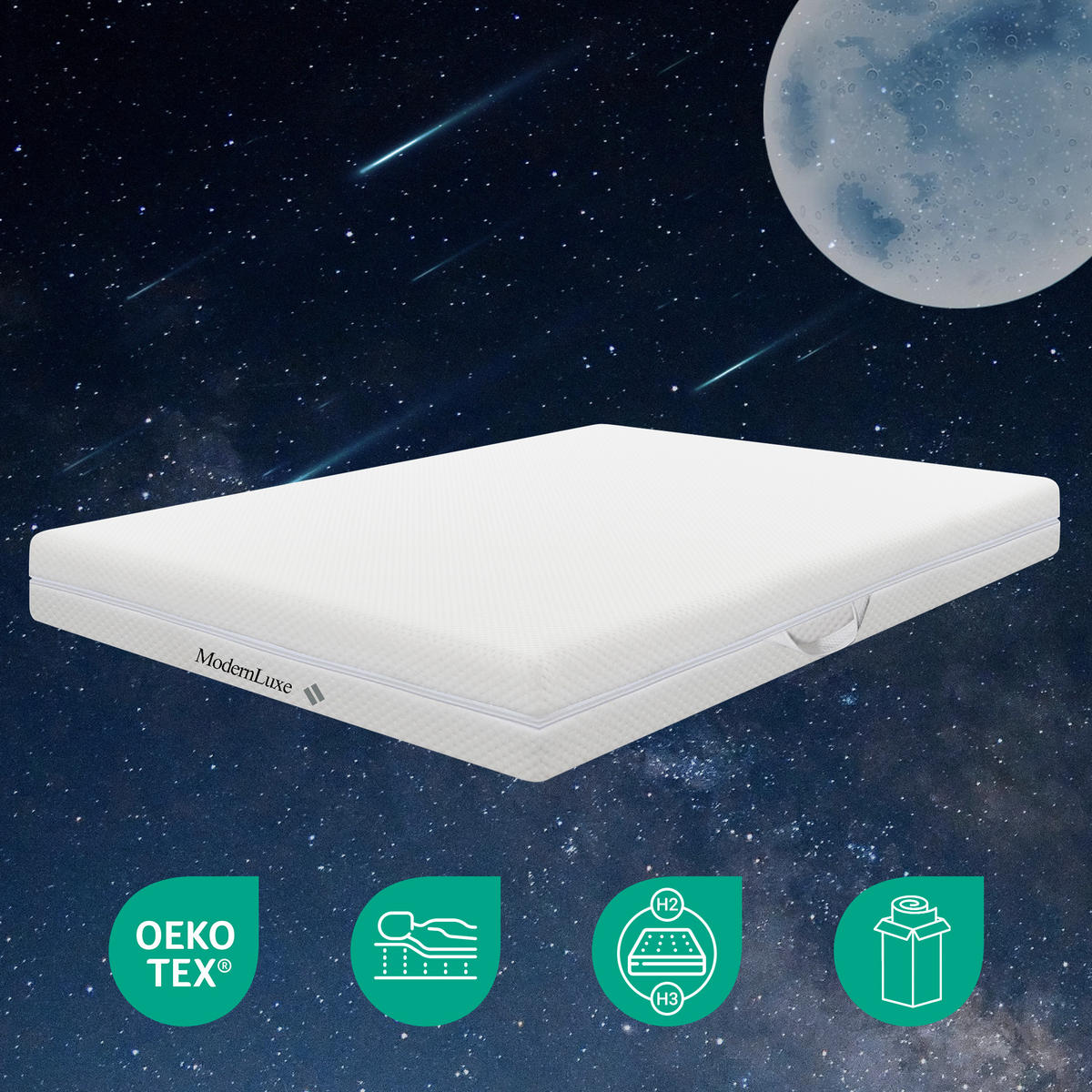 KALTSCHAUMMATRATZE 160x200 cm – 7 Zonen Komfortschaum, 20 cm hoch, H2/H3, ergonomisch, Bezug waschbar, mit Griffen & Rundum-Reißverschluss - Weiß, Textil - Ej. Life