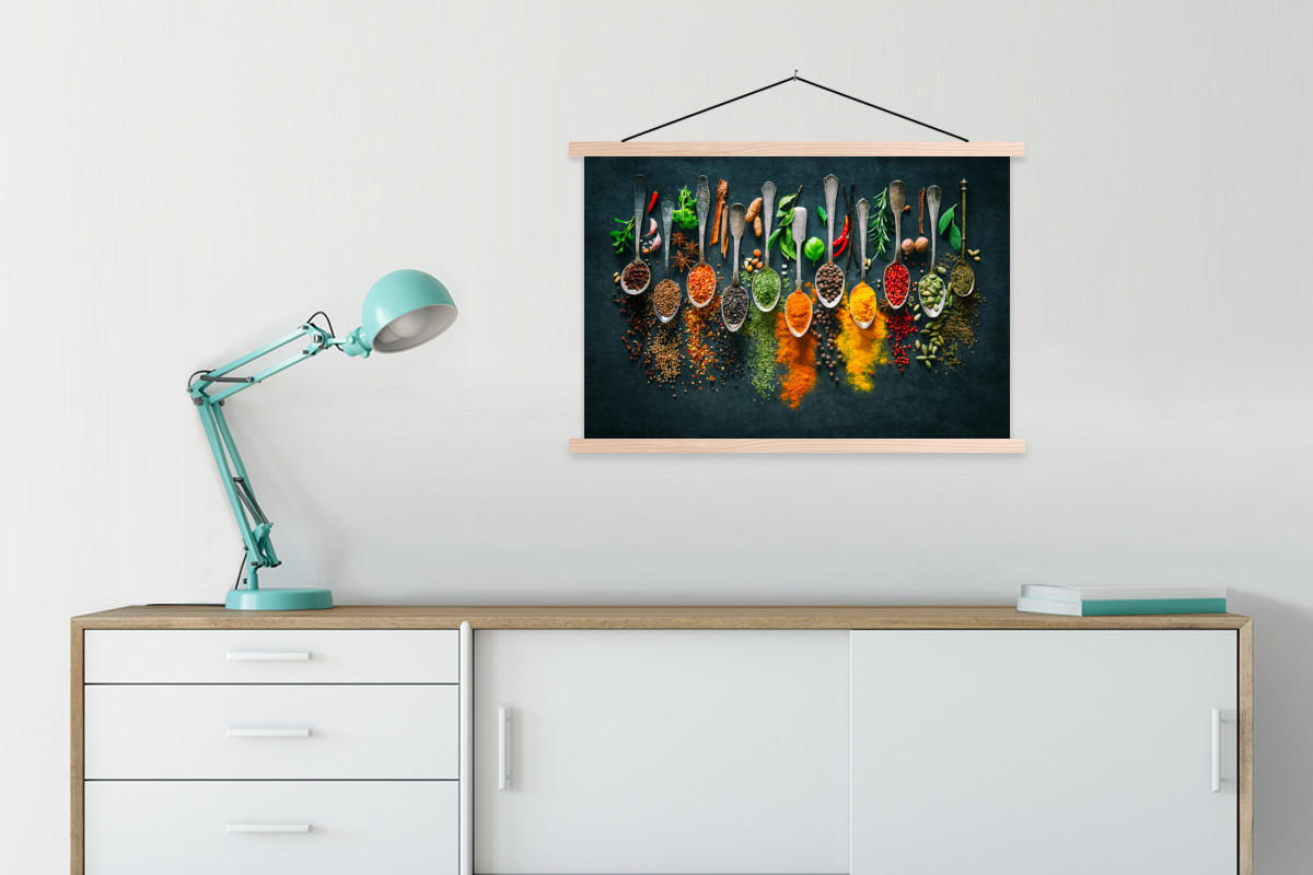 POSTER Kräuter - Gewürze - Löffel 90x60 cm - Currygelb, Textil (90/60/0.15cm) - MuchoWow
