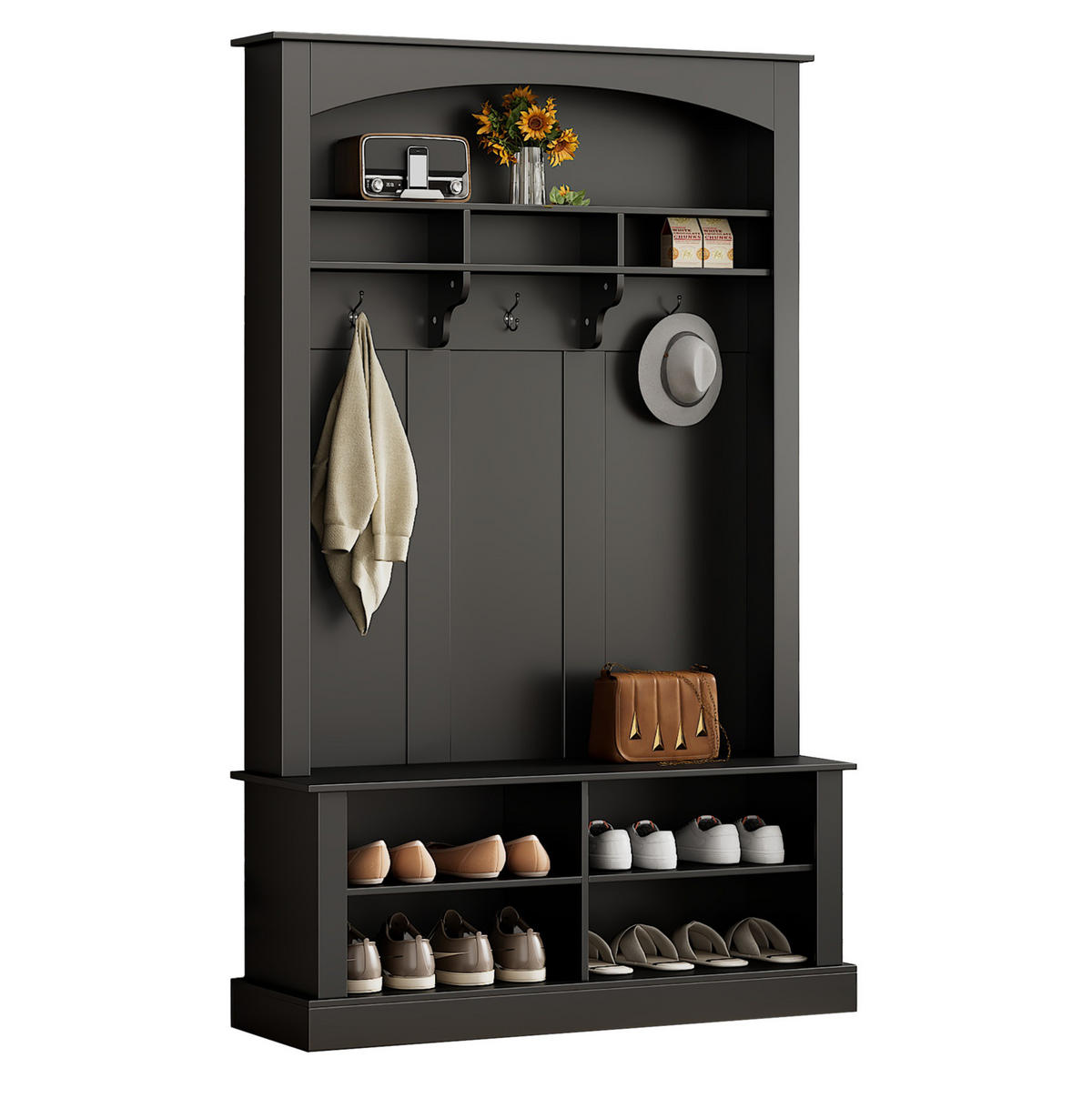 STANDGARDEROBE mit Sitzbank, 3 Haken und Schuhablage, Schwarz, 120/40/190 cm - Schwarz, Holzwerkstoff (120/190/40cm) - BEAOK