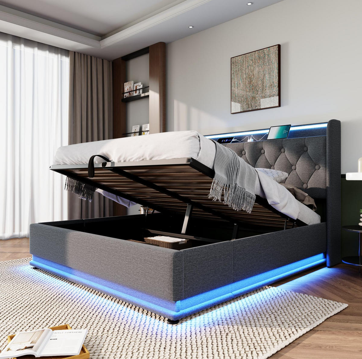 POLSTERBETT 140/190 cm grau aus Leinen mit LED und Stauraum - Grau, Textil (140/190cm) - OKWISH