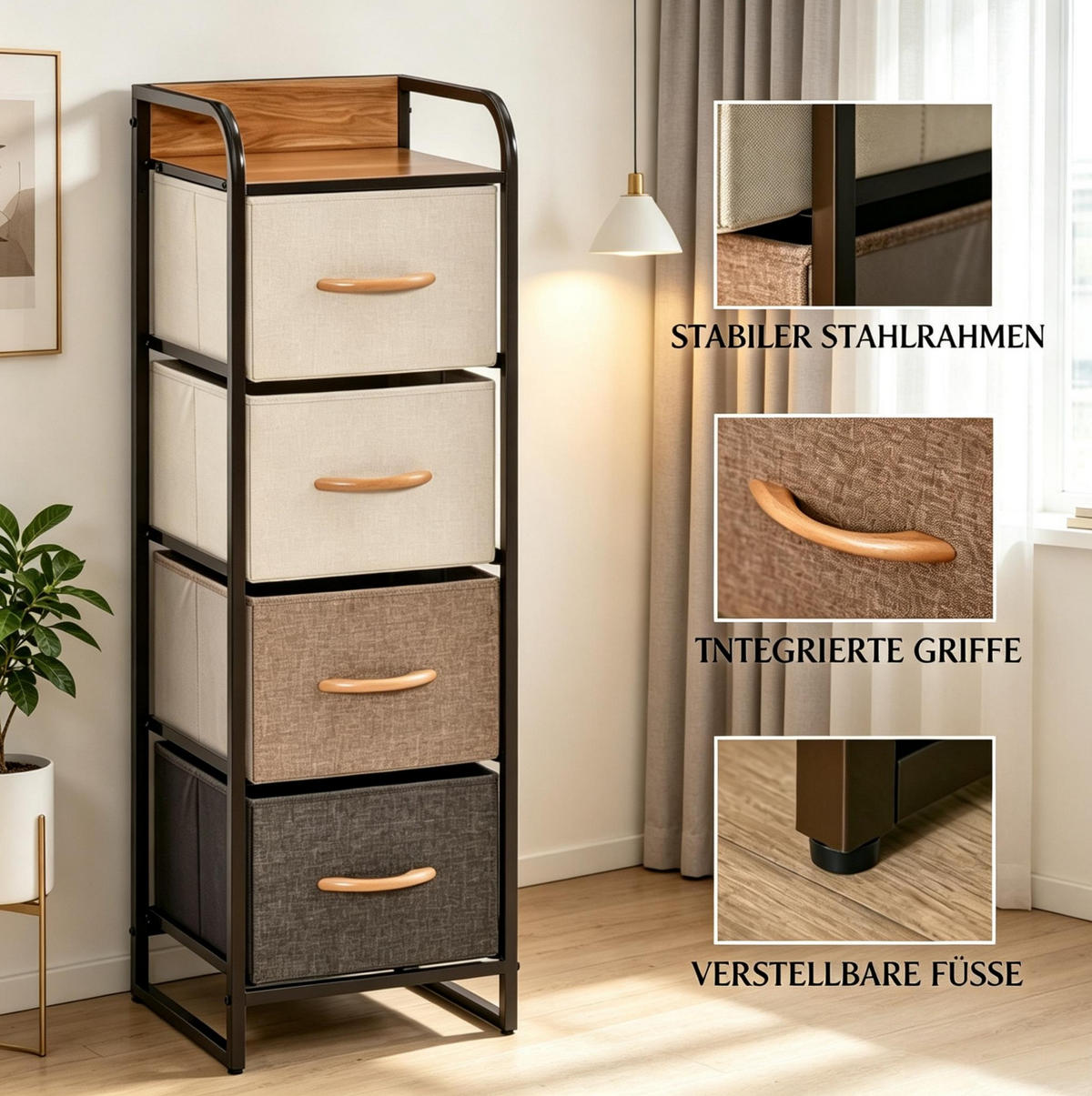 KOMMODE in Beige und Braun 31x29x99 cm mit 4 Stoffschubladen - Beige, Holzwerkstoff (29/99/31cm) - IVMEU