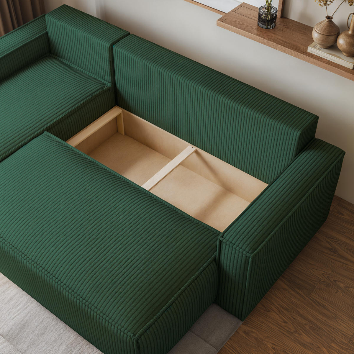 ECKSOFA RAVELO P Grün Kordstoff mit Schlaffunktion - Grün, Holz (240/140cm) - MASSENO